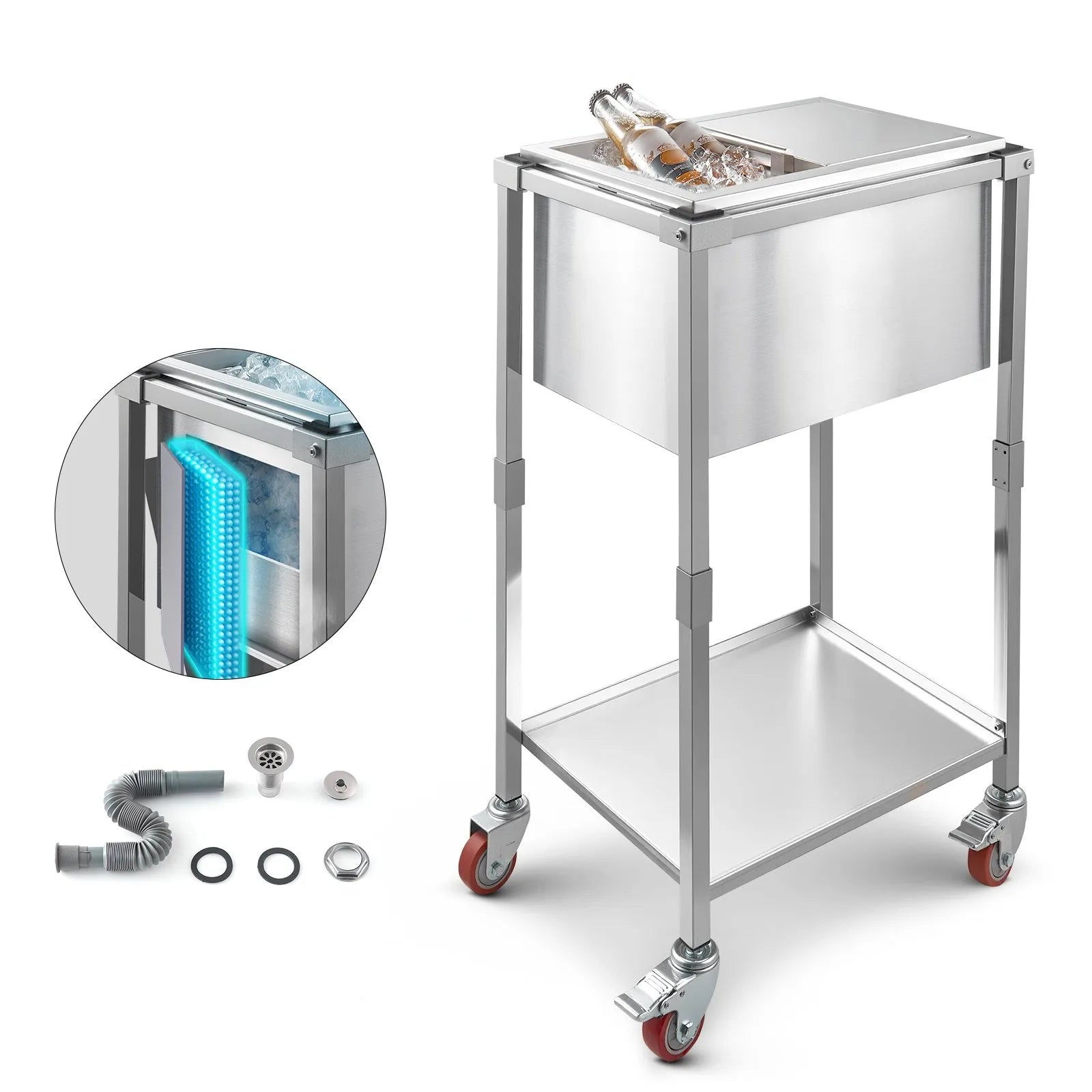 VEVOR Rolling Ice Chest Cooler Cart, 20"L x 14"W x 38"H Stainless Steel Cooling Bin on Wheels, 29.6 Quart Outdoor Stand Up Cooler Trolley with Shelf, for Patio Backyard Party Bar Cold Drinks 