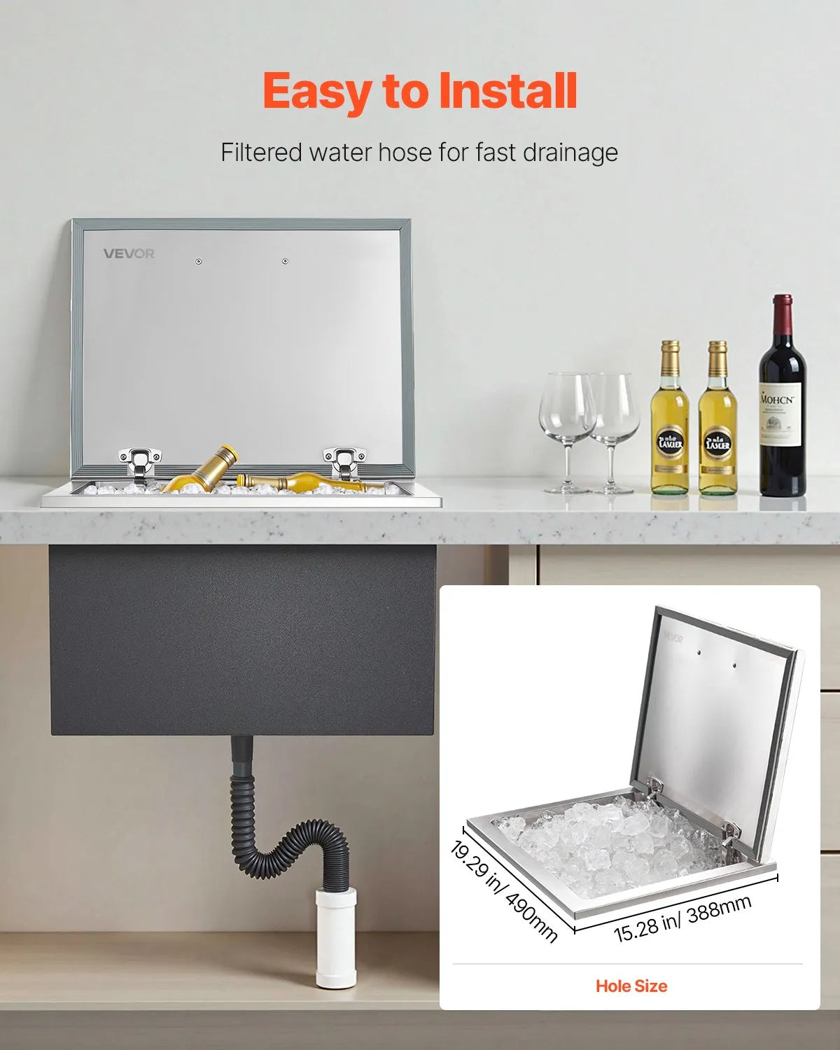 VEVOR Drop in Ice Chest, 28"L x 20"W x 17"H Stainless Steel Drop in Cooler, 113.7 Quart Commercial Ice Bin with Flip Lid for Outdoor Kitchen Patio Bar, Drain-pipe Set Included, for Cold Wine Beer 