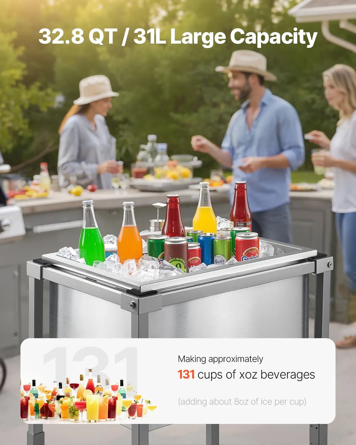 VEVOR Rolling Ice Chest Cooler Cart, 22"L x 16"W x 38"H Stainless Steel Cooling Bin on Wheels, 32.8 Quart Outdoor Stand Up Cooler Trolley with Shelf, for Patio Backyard Party Bar Cold Drinks 