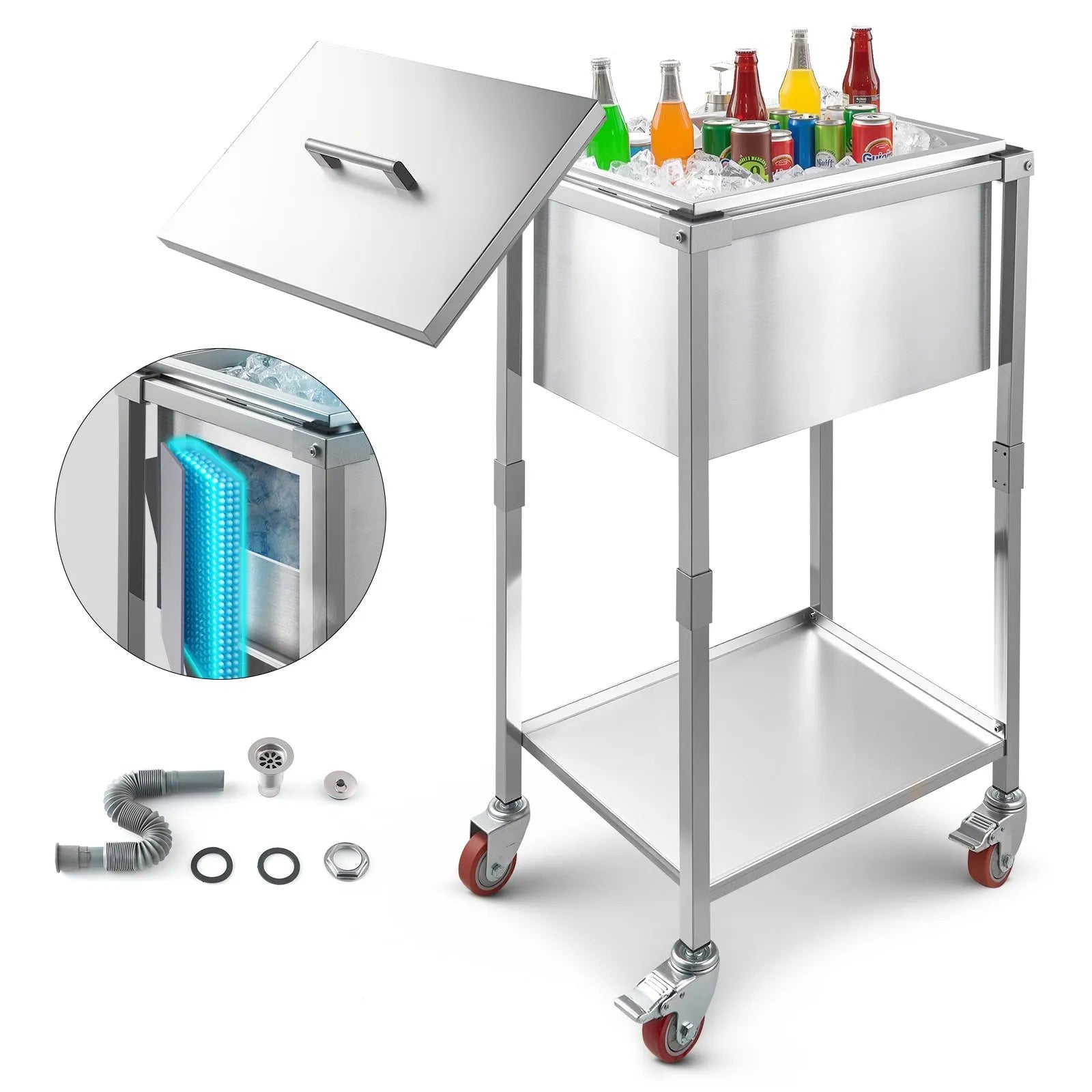 VEVOR Rolling Ice Chest Cooler Cart, 22"L x 16"W x 38"H Stainless Steel Cooling Bin on Wheels, 32.8 Quart Outdoor Stand Up Cooler Trolley with Shelf, for Patio Backyard Party Bar Cold Drinks 