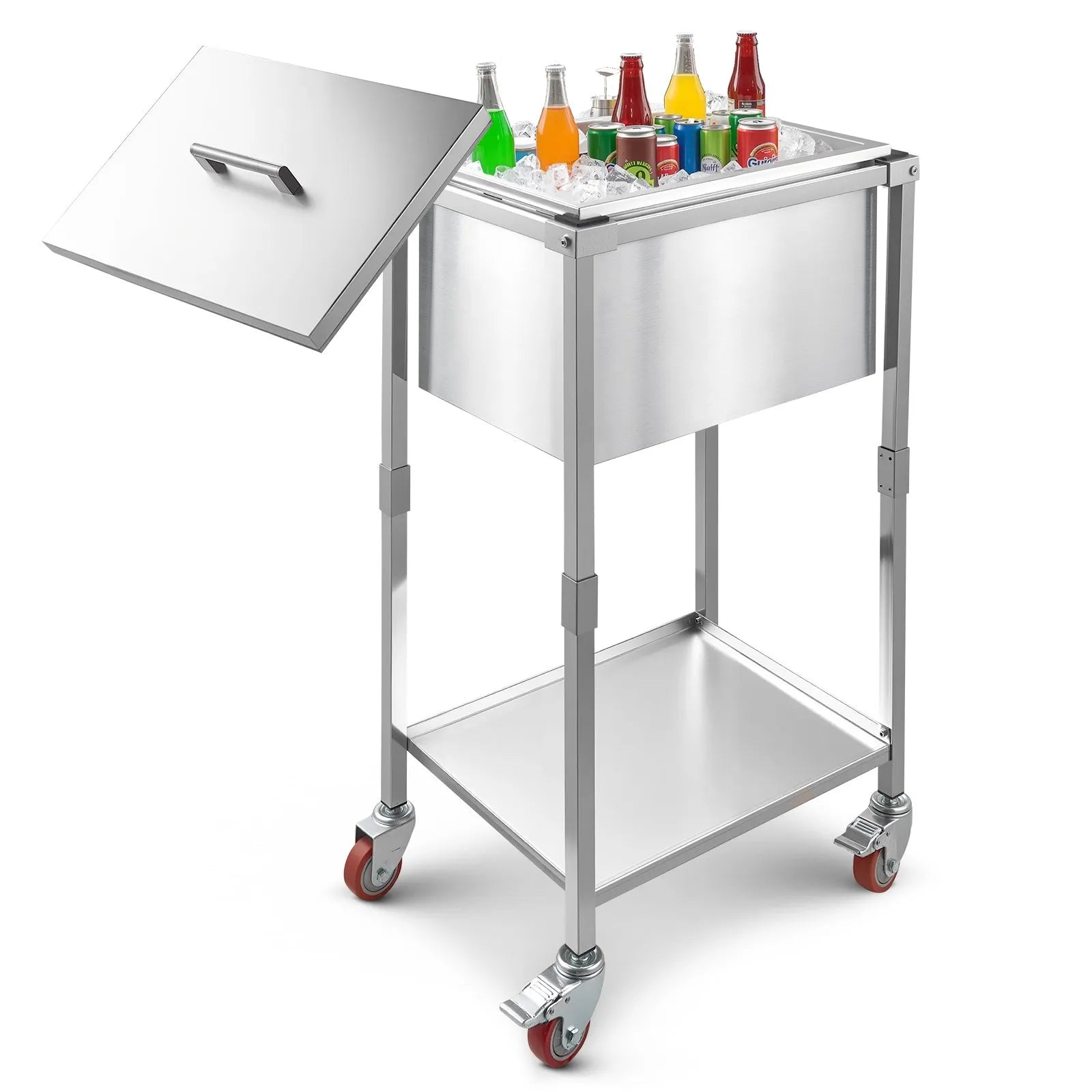 VEVOR Rolling Ice Chest Cooler Cart, 22"L x 16"W x 38"H Stainless Steel Cooling Bin on Wheels, 32.8 Quart Outdoor Stand Up Cooler Trolley with Shelf, for Patio Backyard Party Bar Cold Drinks 