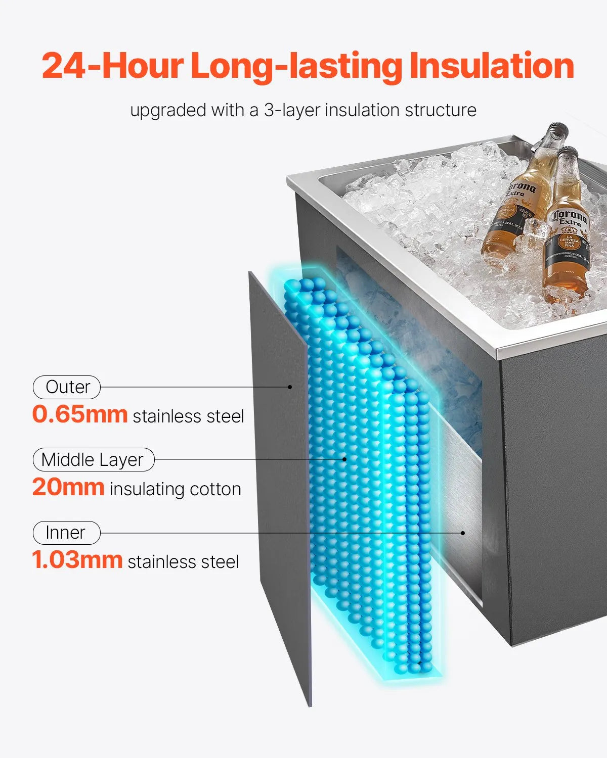 VEVOR Drop in Ice Chest, 28"L x 16"W x 17"H Stainless Steel Drop in Cooler, 87.6 Quart Commercial Ice Bin with Flip Lid for Outdoor Kitchen Patio Bar, Drain-pipe Set Included, for Cold Wine Beer 