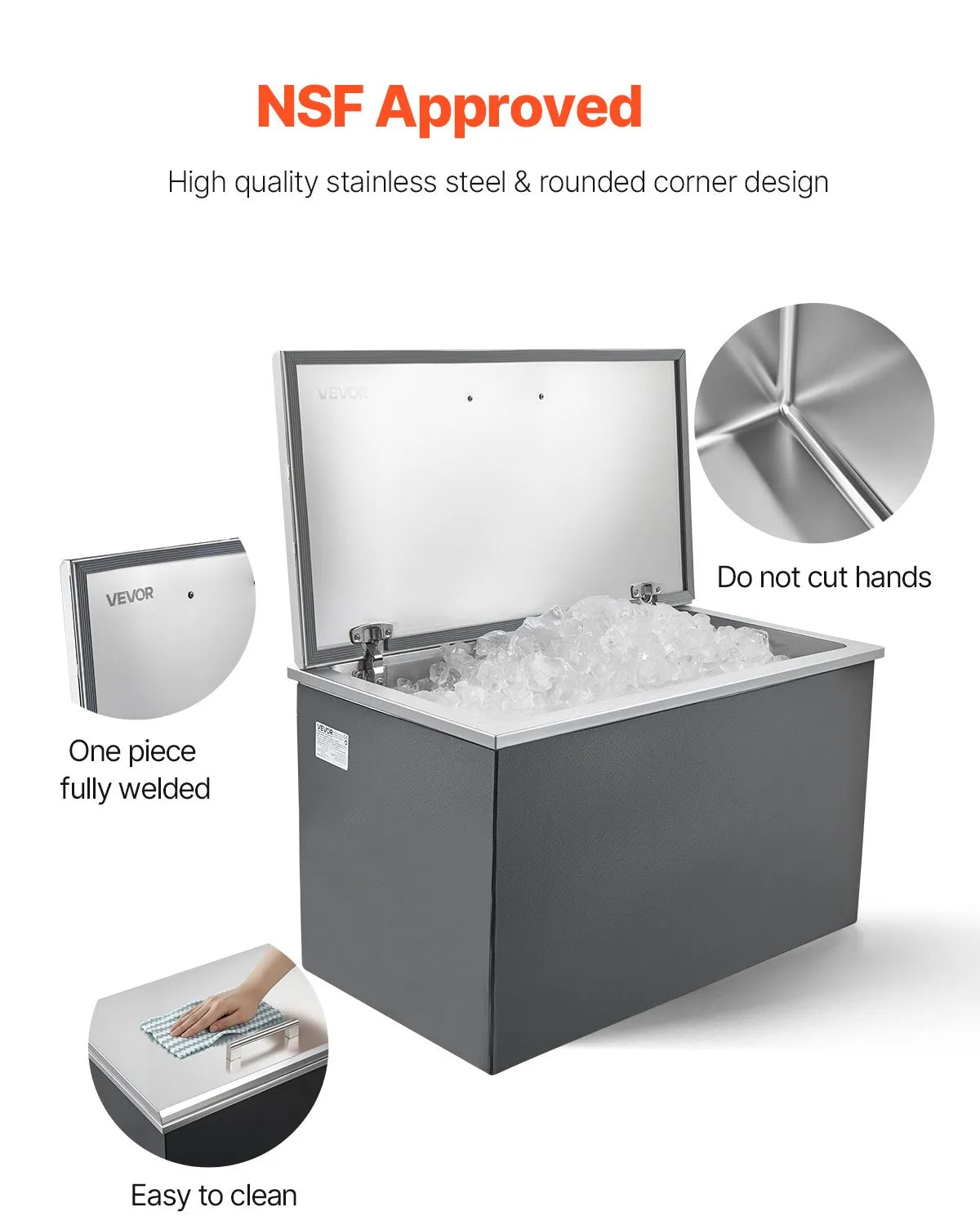 VEVOR Drop in Ice Chest, 28"L x 16"W x 17"H Stainless Steel Drop in Cooler, 87.6 Quart Commercial Ice Bin with Flip Lid for Outdoor Kitchen Patio Bar, Drain-pipe Set Included, for Cold Wine Beer 