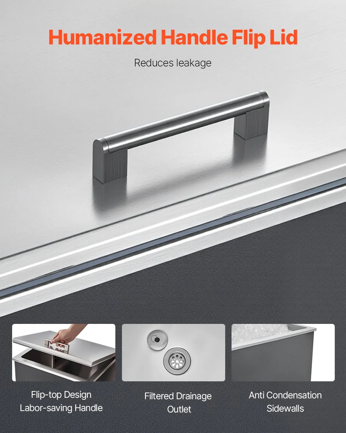 VEVOR Drop in Ice Chest, 28"L x 16"W x 17"H Stainless Steel Drop in Cooler, 87.6 Quart Commercial Ice Bin with Flip Lid for Outdoor Kitchen Patio Bar, Drain-pipe Set Included, for Cold Wine Beer 