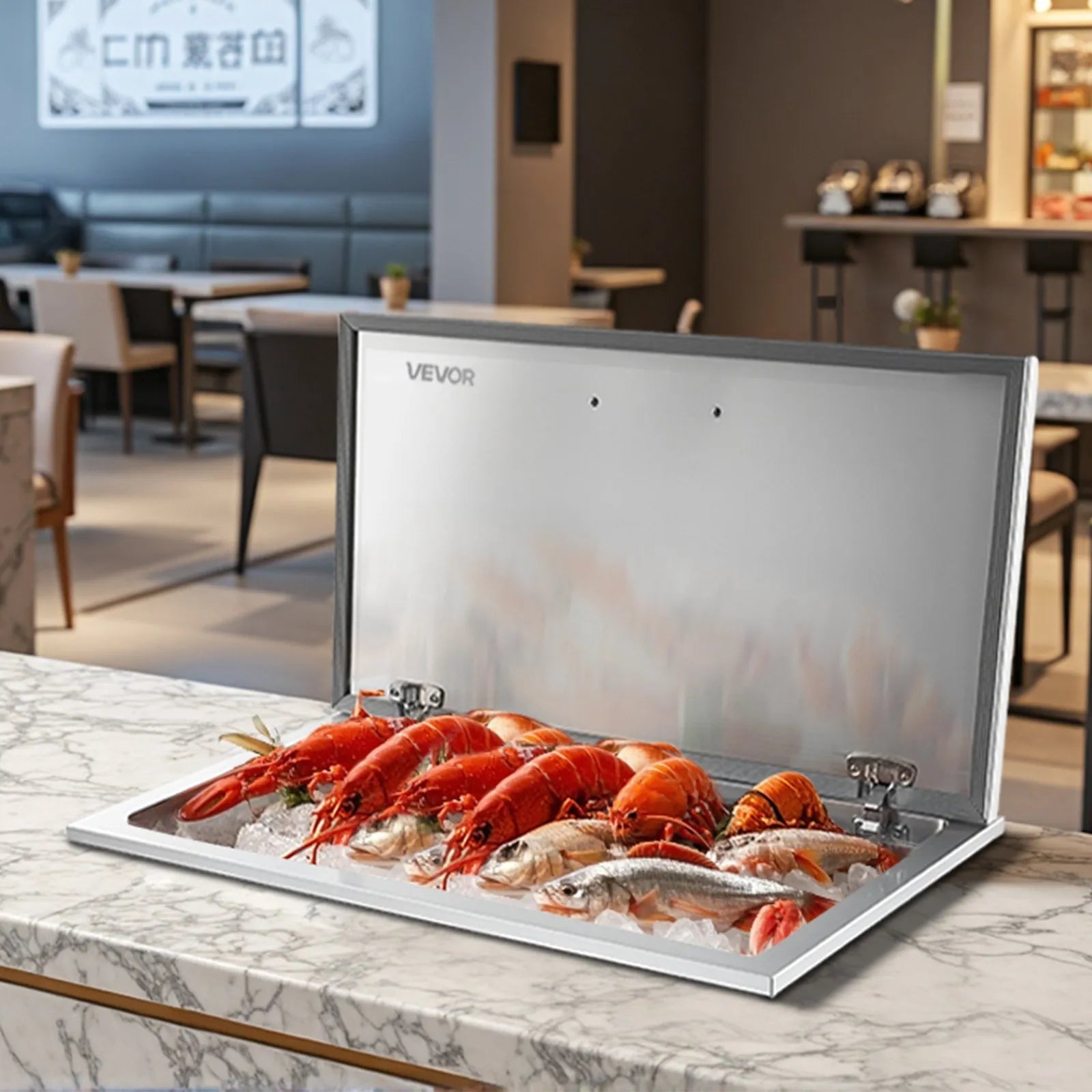 VEVOR Drop in Ice Chest, 28"L x 16"W x 17"H Stainless Steel Drop in Cooler, 87.6 Quart Commercial Ice Bin with Flip Lid for Outdoor Kitchen Patio Bar, Drain-pipe Set Included, for Cold Wine Beer 