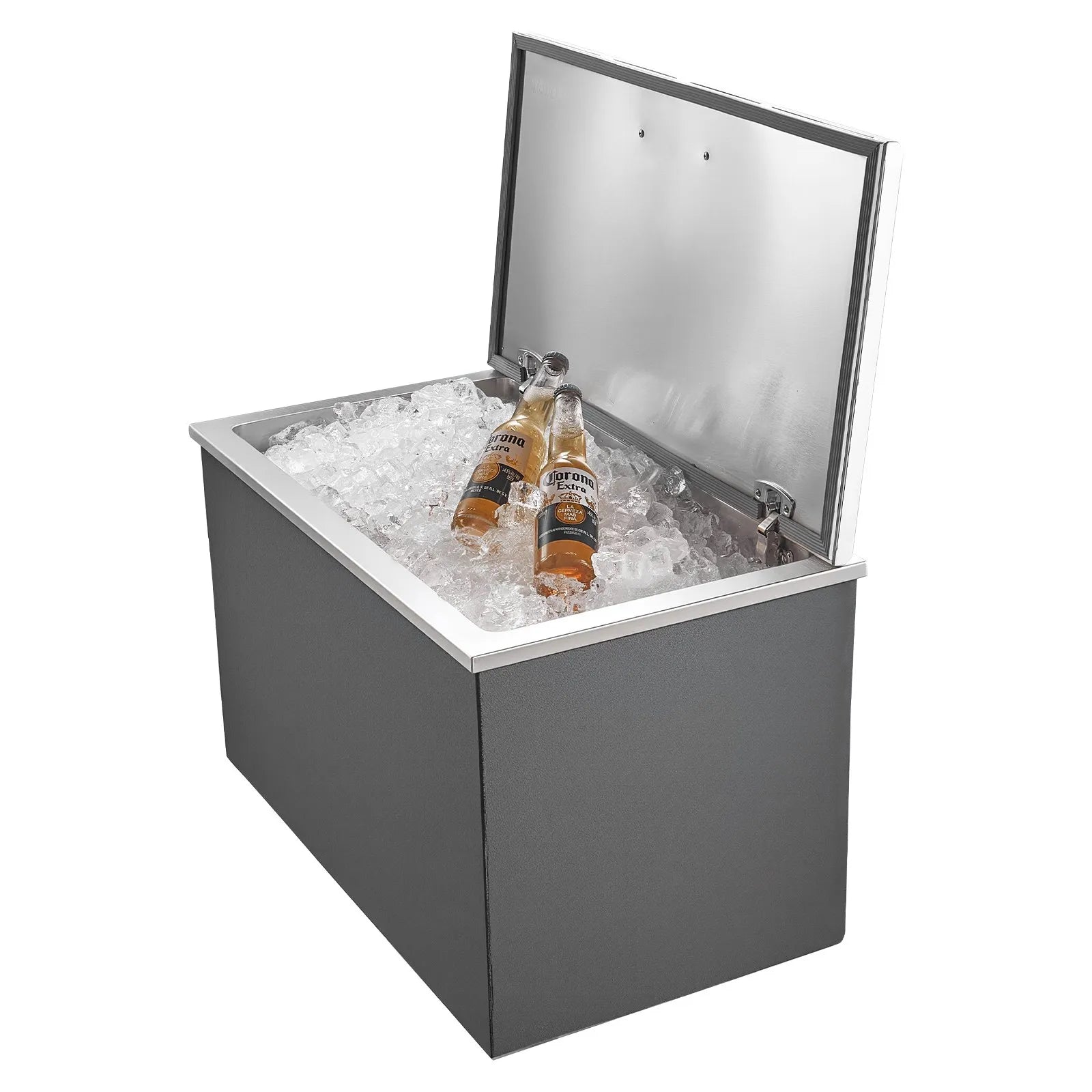 VEVOR Drop in Ice Chest, 28"L x 16"W x 17"H Stainless Steel Drop in Cooler, 87.6 Quart Commercial Ice Bin with Flip Lid for Outdoor Kitchen Patio Bar, Drain-pipe Set Included, for Cold Wine Beer 