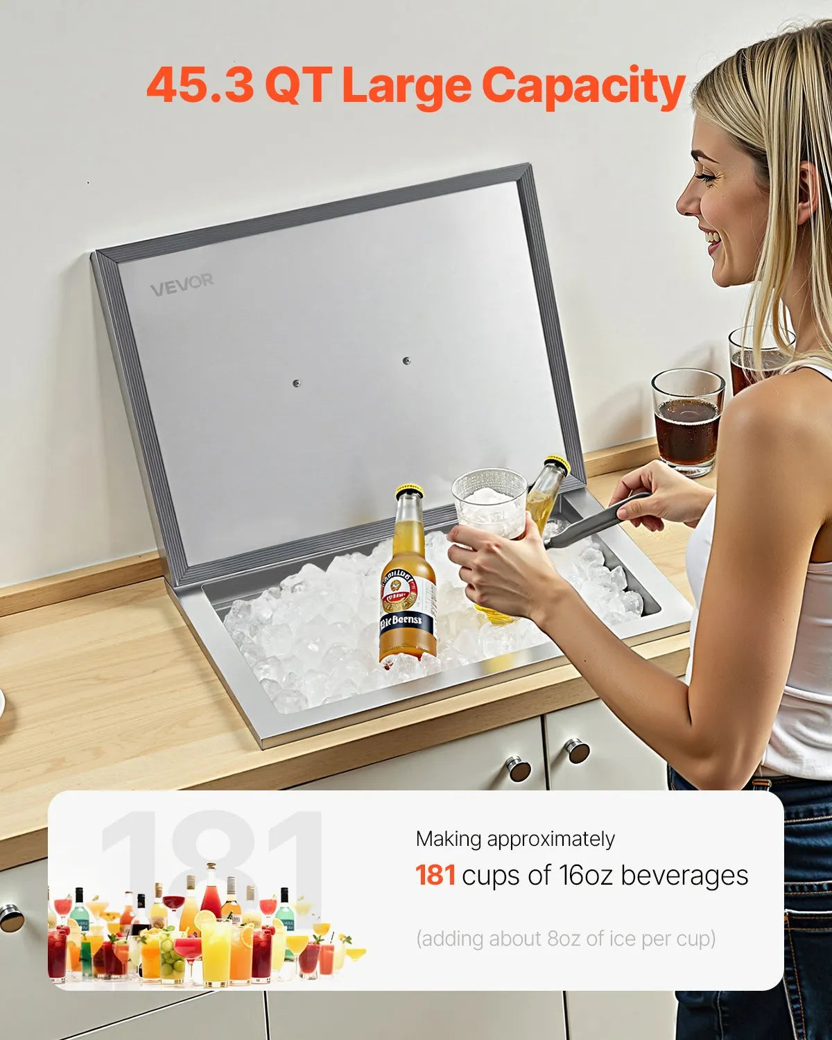 VEVOR Drop in Ice Chest, 22"L x 17"W x 12"H Stainless Steel Drop in Cooler, 45.3 Quart Commercial Ice Bin with Pot Lid for Outdoor Kitchen Patio Bar, Drain-pipe Set Included, for Cold Wine Beer 