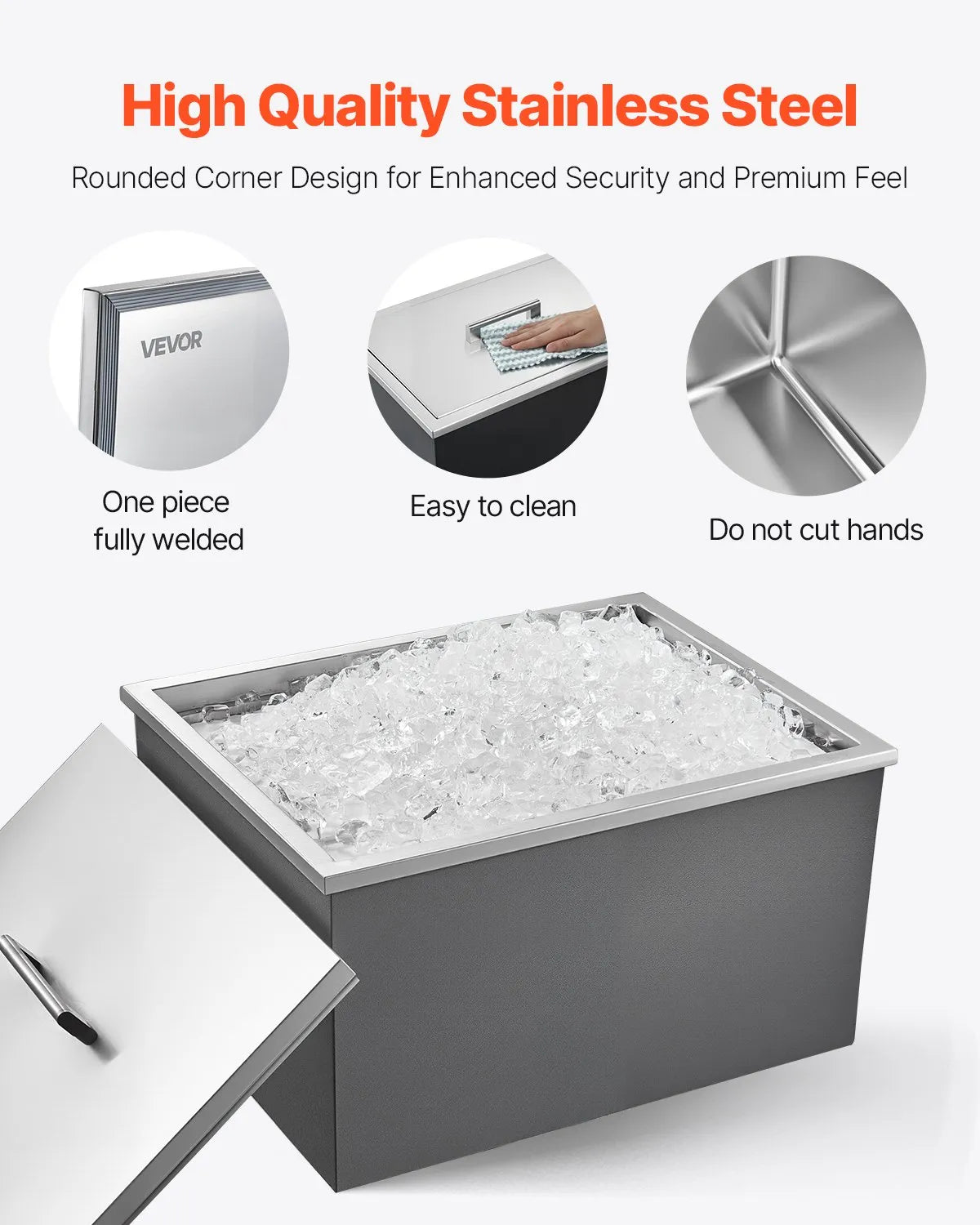 VEVOR Drop in Ice Chest, 22"L x 17"W x 12"H Stainless Steel Drop in Cooler, 45.3 Quart Commercial Ice Bin with Pot Lid for Outdoor Kitchen Patio Bar, Drain-pipe Set Included, for Cold Wine Beer 