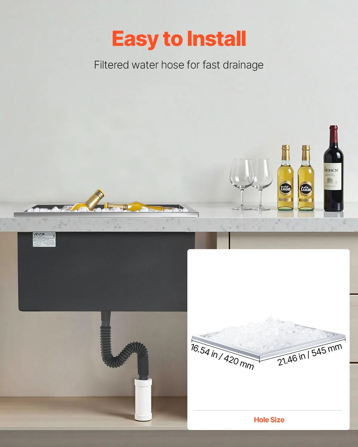 VEVOR Drop in Ice Chest, 22"L x 17"W x 12"H Stainless Steel Drop in Cooler, 45.3 Quart Commercial Ice Bin with Pot Lid for Outdoor Kitchen Patio Bar, Drain-pipe Set Included, for Cold Wine Beer 