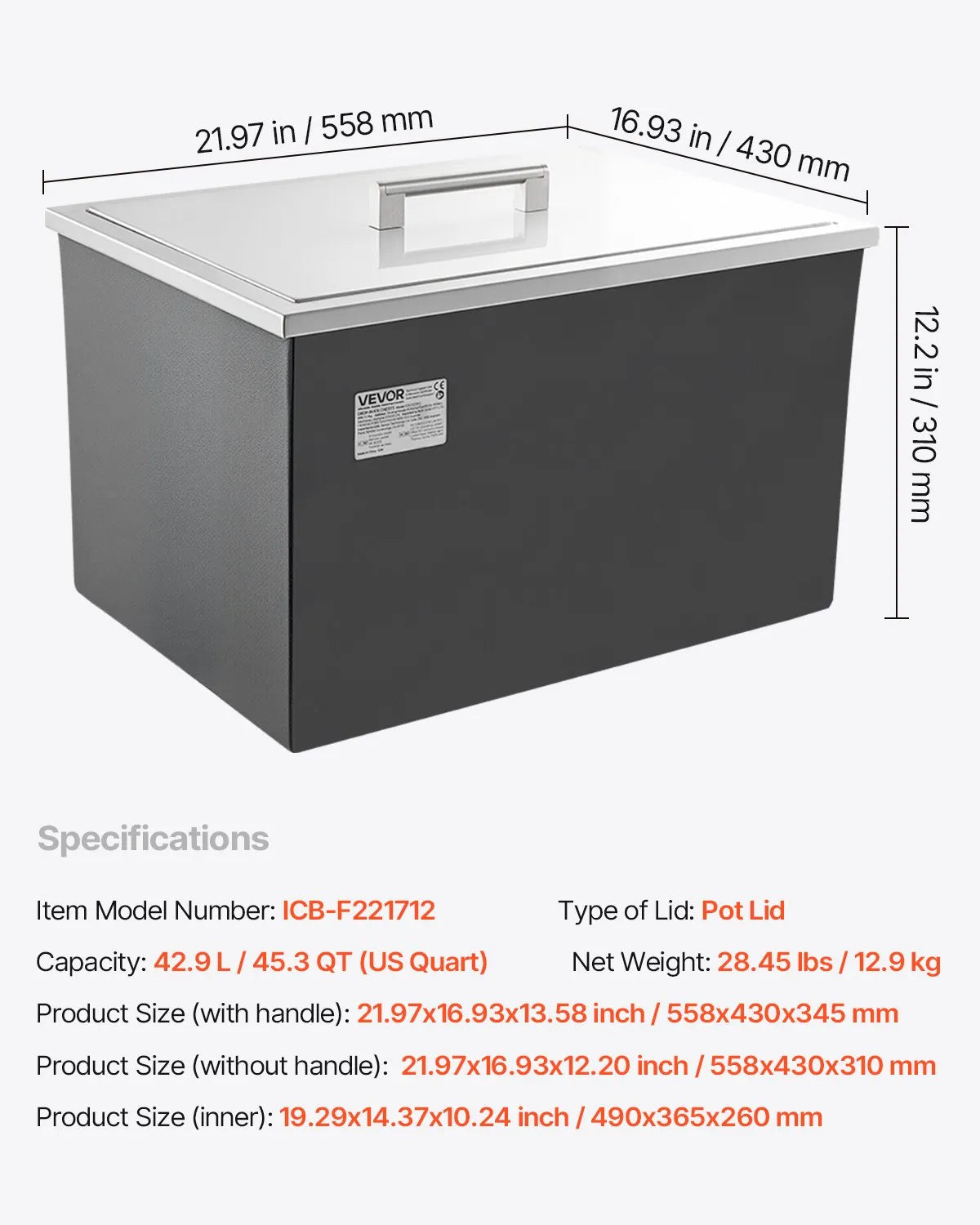 VEVOR Drop in Ice Chest, 22"L x 17"W x 12"H Stainless Steel Drop in Cooler, 45.3 Quart Commercial Ice Bin with Pot Lid for Outdoor Kitchen Patio Bar, Drain-pipe Set Included, for Cold Wine Beer 