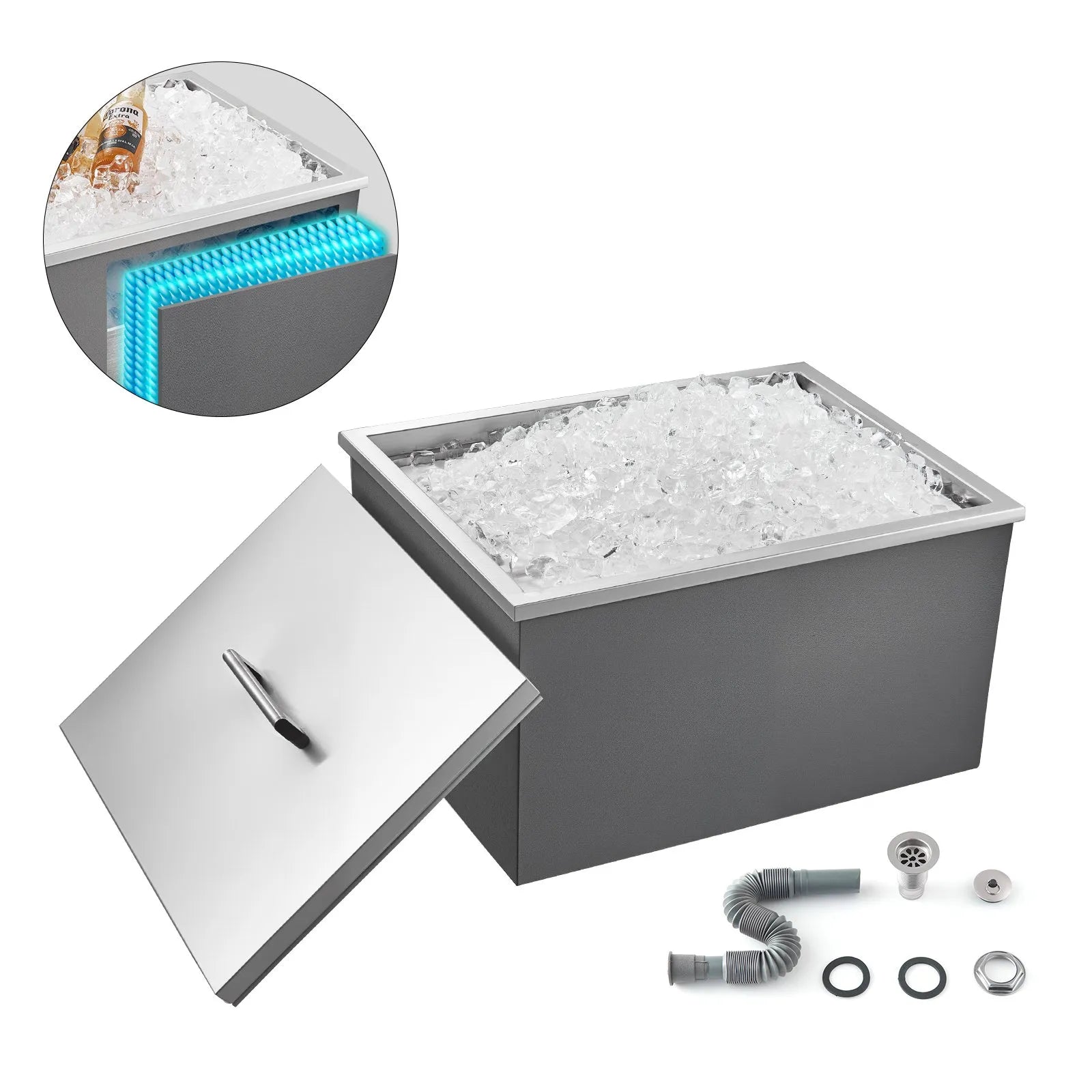VEVOR Drop in Ice Chest, 22"L x 17"W x 12"H Stainless Steel Drop in Cooler, 45.3 Quart Commercial Ice Bin with Pot Lid for Outdoor Kitchen Patio Bar, Drain-pipe Set Included, for Cold Wine Beer 