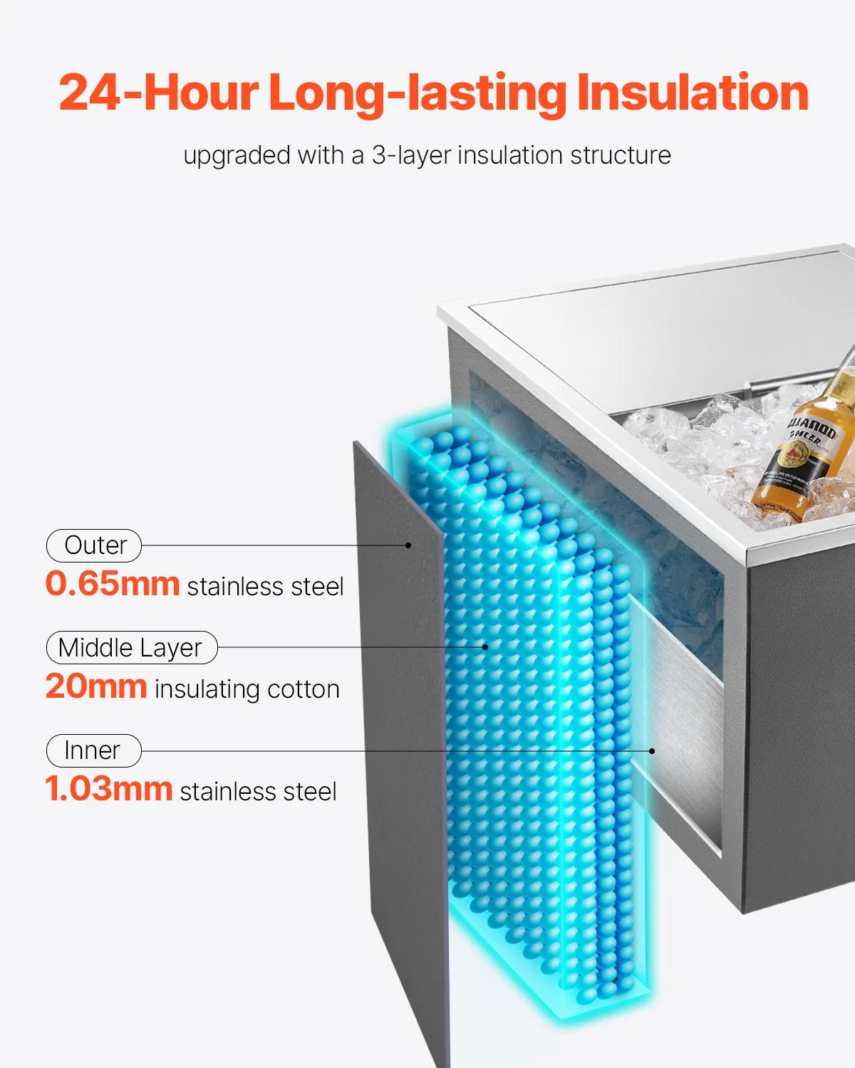 VEVOR Drop in Ice Chest, 24"L x 18"W x 13"H Stainless Steel Drop in Cooler, 57.8 Quart Commercial Ice Bin with Sliding Lid for Outdoor Kitchen Patio Bar, Drain-pipe Set Included, for Cold Wine Beer 