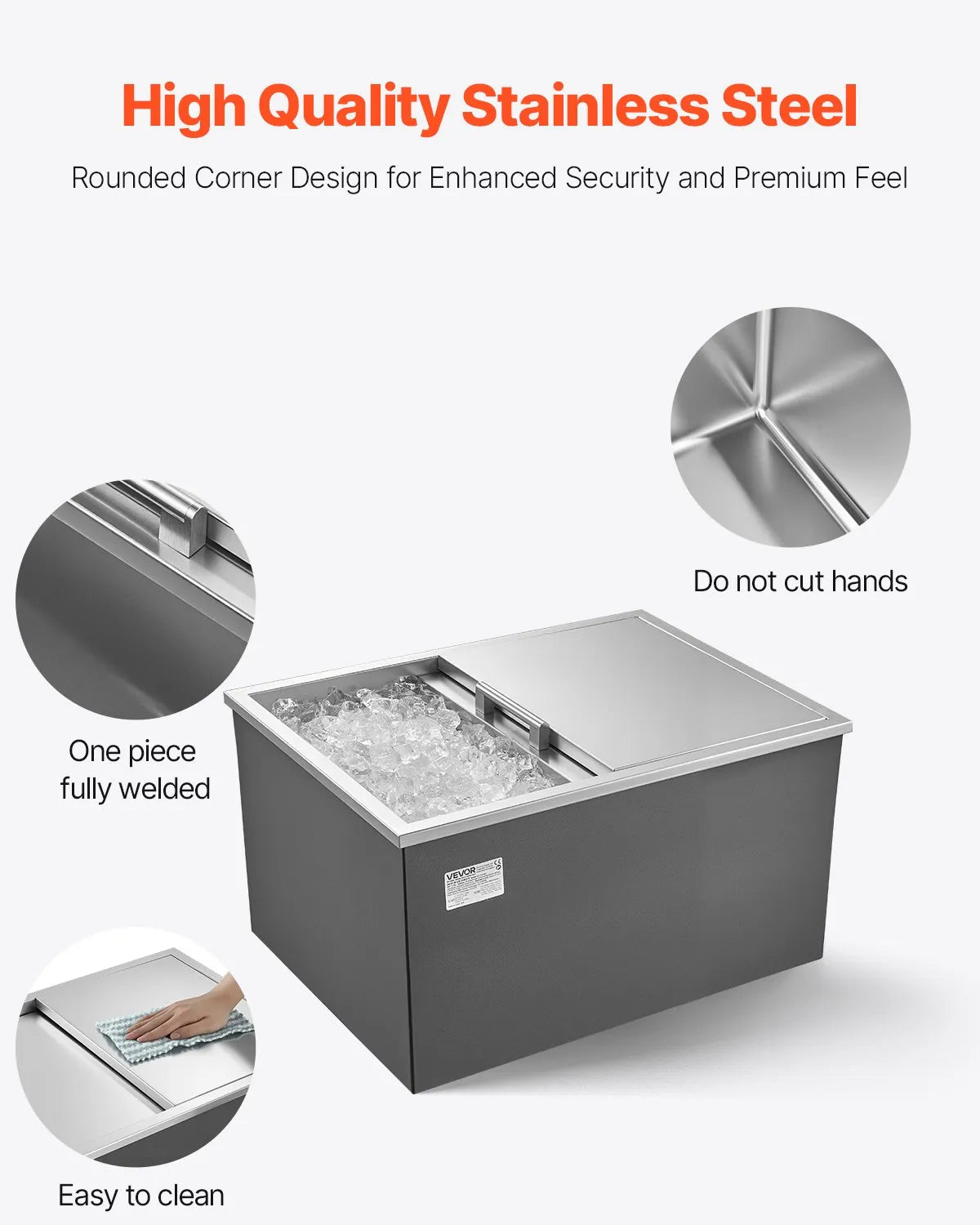 VEVOR Drop in Ice Chest, 24"L x 18"W x 13"H Stainless Steel Drop in Cooler, 57.8 Quart Commercial Ice Bin with Sliding Lid for Outdoor Kitchen Patio Bar, Drain-pipe Set Included, for Cold Wine Beer 