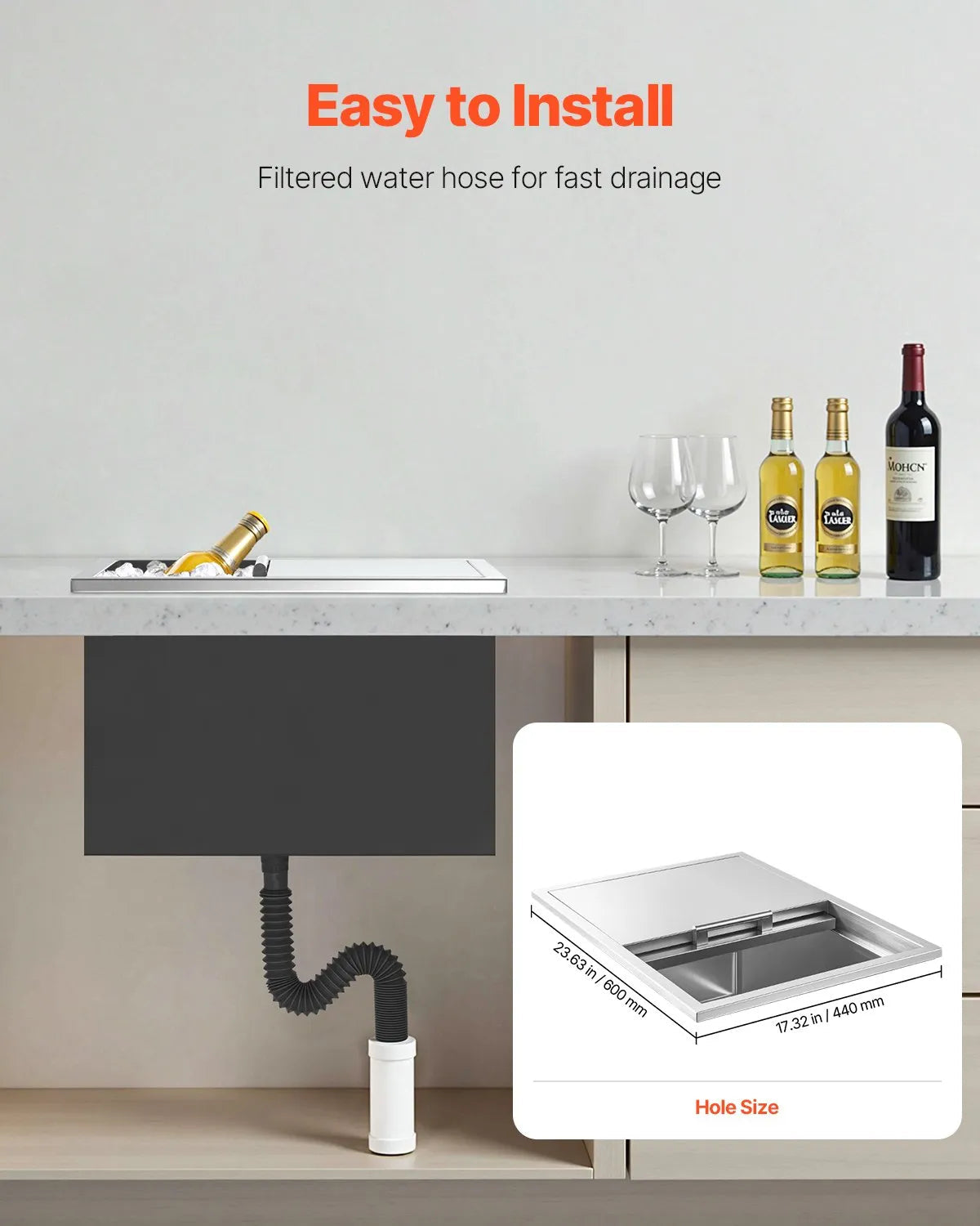 VEVOR Drop in Ice Chest, 24"L x 18"W x 13"H Stainless Steel Drop in Cooler, 57.8 Quart Commercial Ice Bin with Sliding Lid for Outdoor Kitchen Patio Bar, Drain-pipe Set Included, for Cold Wine Beer 