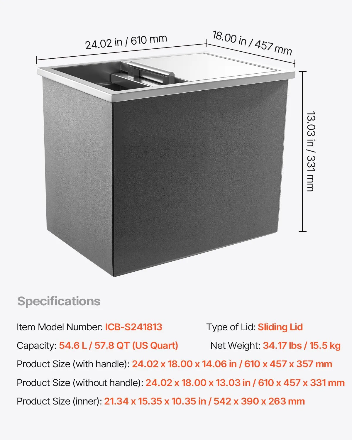 VEVOR Drop in Ice Chest, 24"L x 18"W x 13"H Stainless Steel Drop in Cooler, 57.8 Quart Commercial Ice Bin with Sliding Lid for Outdoor Kitchen Patio Bar, Drain-pipe Set Included, for Cold Wine Beer 