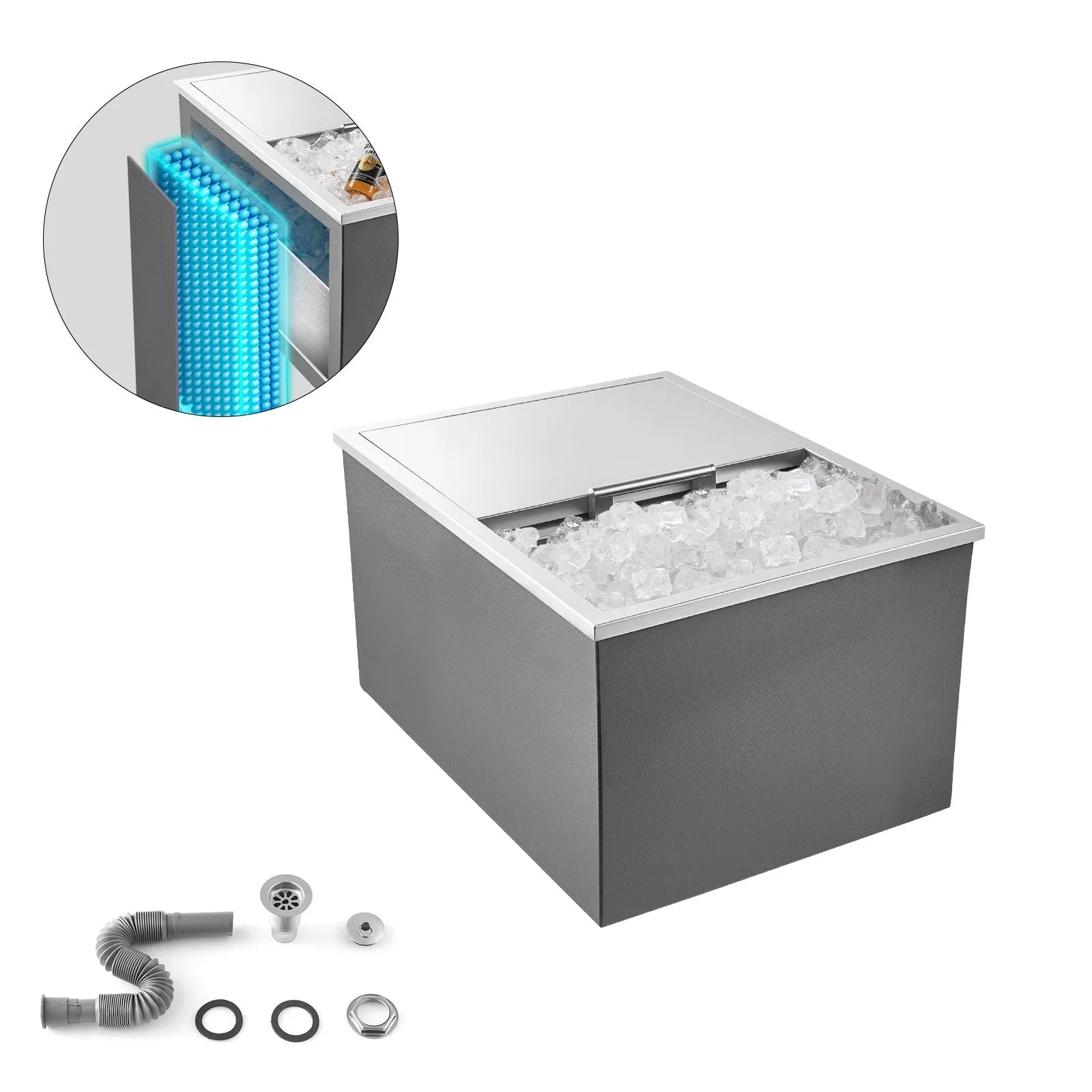 VEVOR Drop in Ice Chest, 24"L x 18"W x 13"H Stainless Steel Drop in Cooler, 57.8 Quart Commercial Ice Bin with Sliding Lid for Outdoor Kitchen Patio Bar, Drain-pipe Set Included, for Cold Wine Beer 