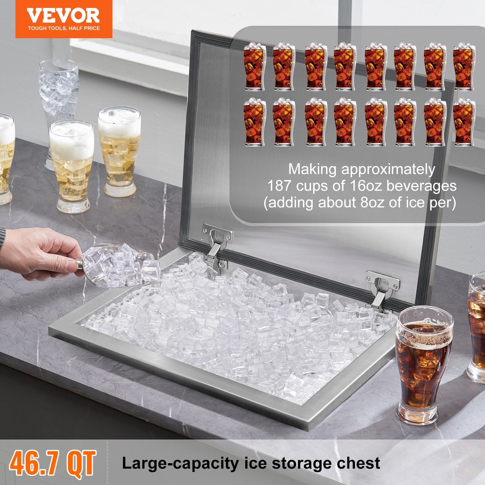 VEVOR Drop in Ice Chest, 20"L x 16"W x 13"H Stainless Steel Ice Cooler, Commercial Ice Bin with Hinged Cover, 40 qt Outdoor Kitchen Ice Bar, Drain-pipe and Drain Plug Included, for Cold Wine Beer 