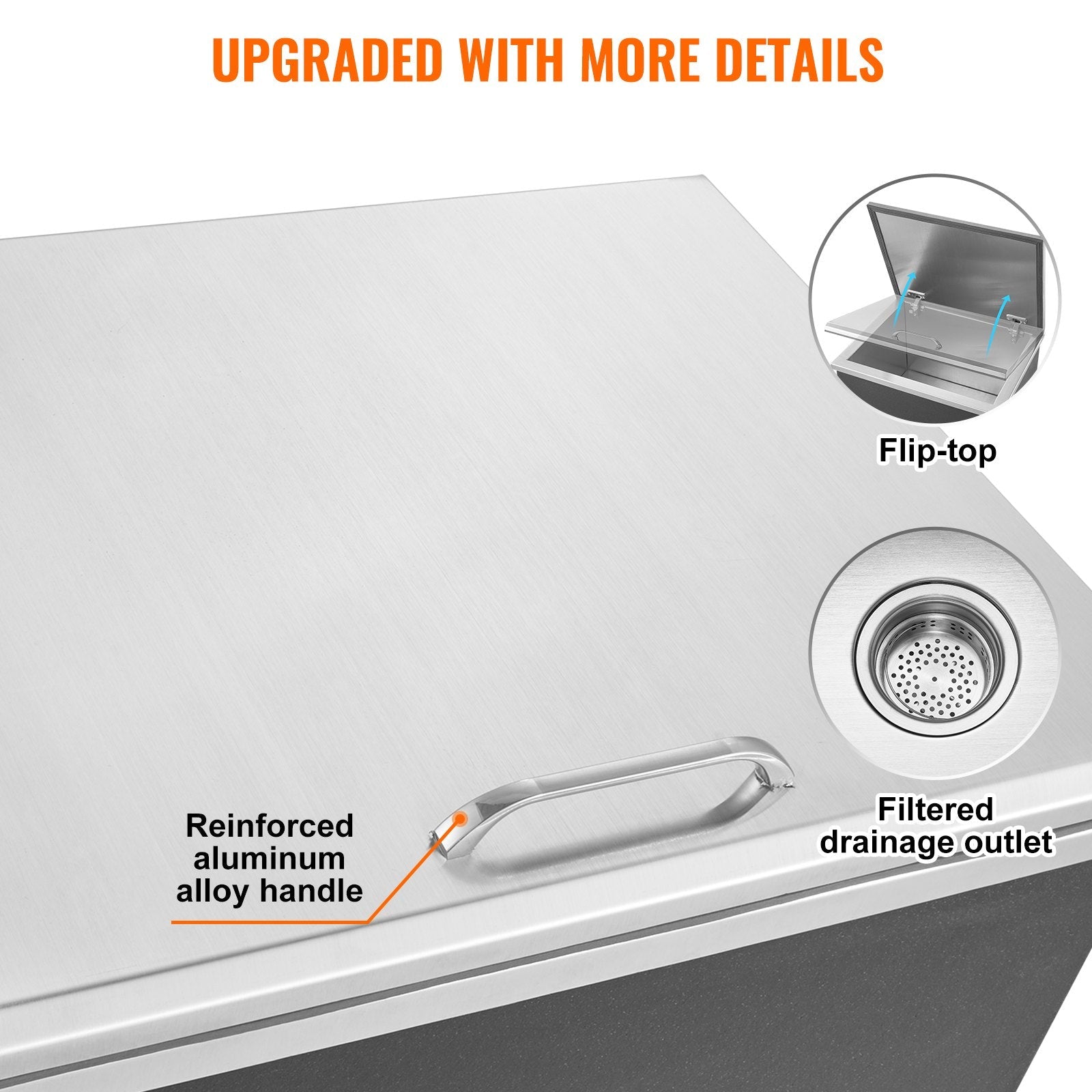 VEVOR Drop in Ice Chest, 20"L x 16"W x 13"H Stainless Steel Ice Cooler, Commercial Ice Bin with Hinged Cover, 40 qt Outdoor Kitchen Ice Bar, Drain-pipe and Drain Plug Included, for Cold Wine Beer 