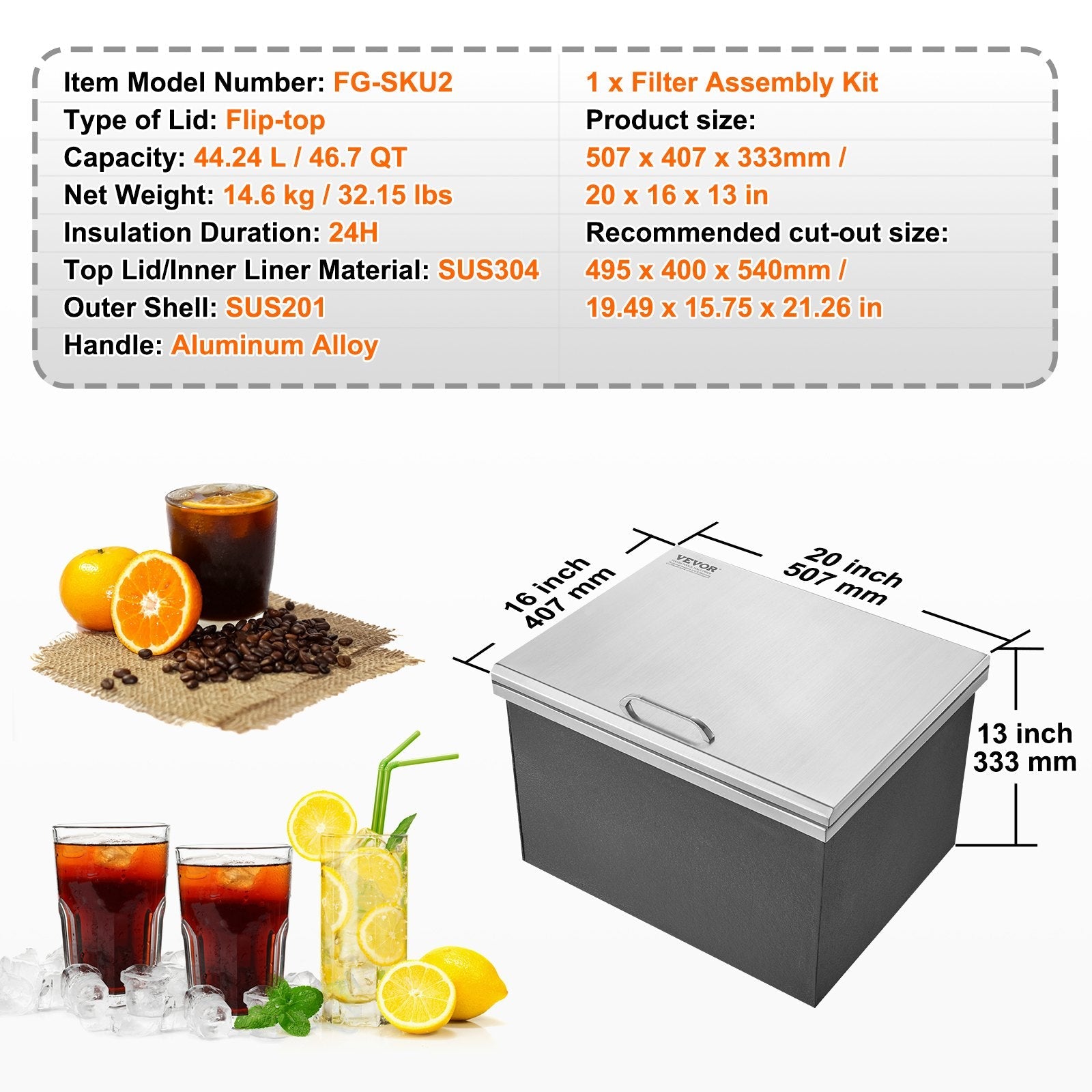 VEVOR Drop in Ice Chest, 20"L x 16"W x 13"H Stainless Steel Ice Cooler, Commercial Ice Bin with Hinged Cover, 40 qt Outdoor Kitchen Ice Bar, Drain-pipe and Drain Plug Included, for Cold Wine Beer 