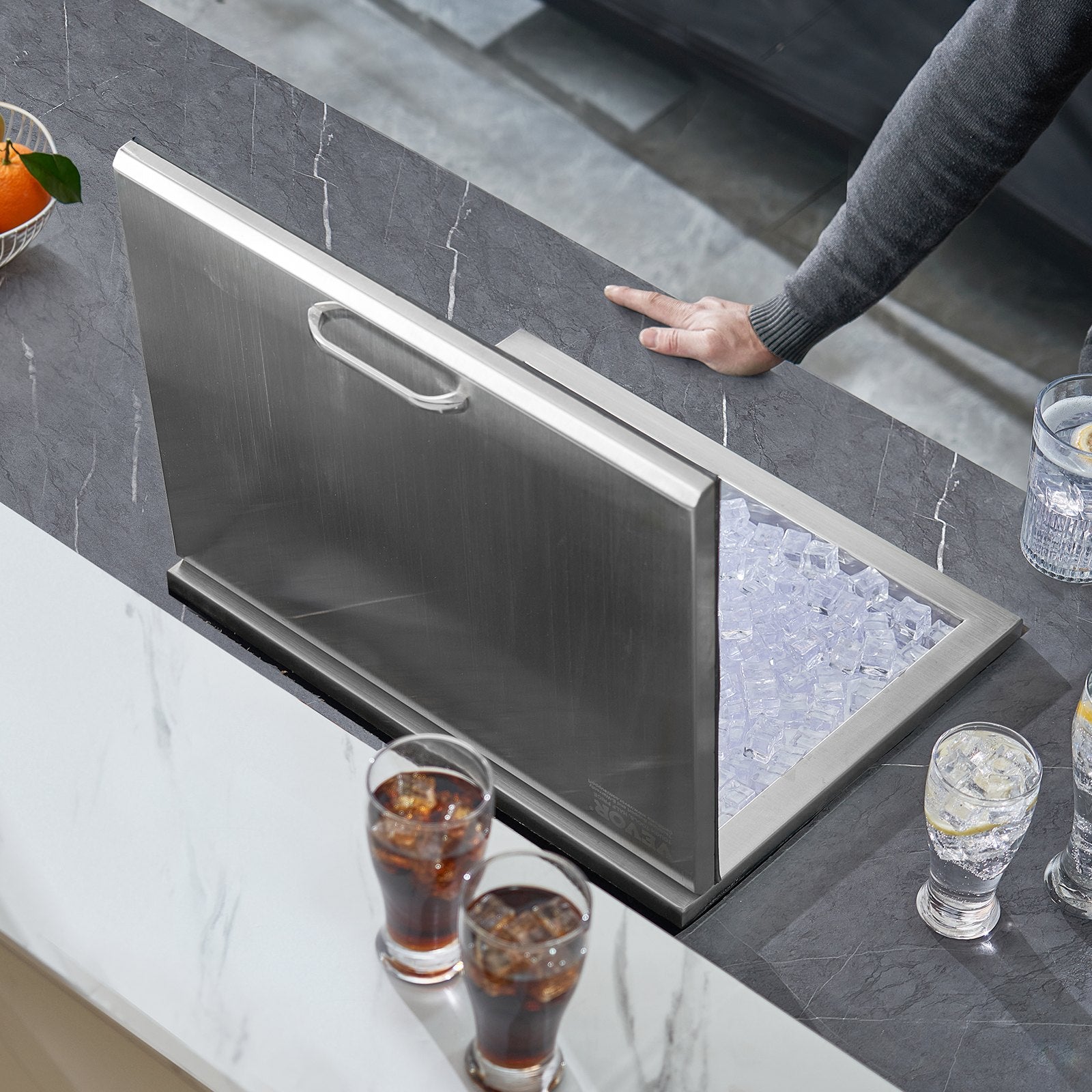 VEVOR Drop in Ice Chest, 20"L x 16"W x 13"H Stainless Steel Ice Cooler, Commercial Ice Bin with Hinged Cover, 40 qt Outdoor Kitchen Ice Bar, Drain-pipe and Drain Plug Included, for Cold Wine Beer 