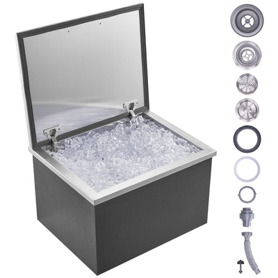 VEVOR Drop in Ice Chest, 20"L x 16"W x 13"H Stainless Steel Ice Cooler, Commercial Ice Bin with Hinged Cover, 40 qt Outdoor Kitchen Ice Bar, Drain-pipe and Drain Plug Included, for Cold Wine Beer 