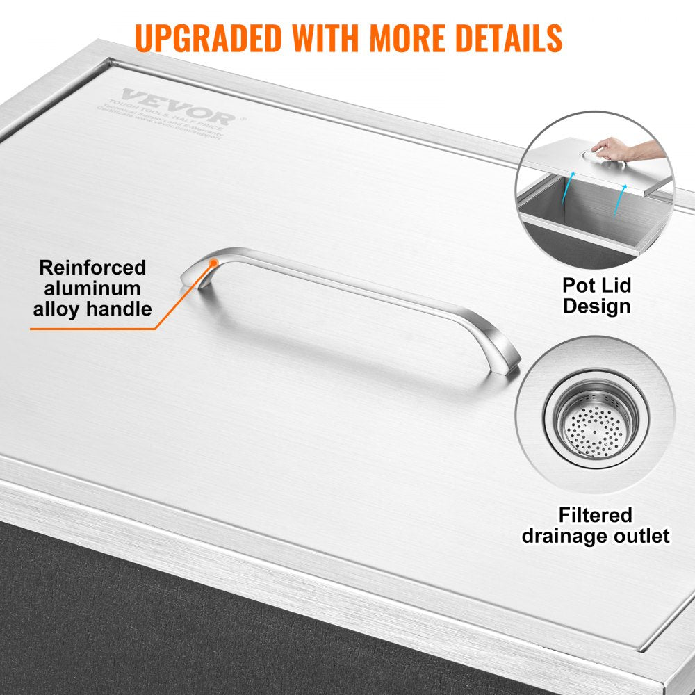 VEVOR Drop in Ice Chest, 21"L x 17"W x 18"H Stainless Steel Ice Cooler, Commercial Ice Bin with Cover, 40 qt Outdoor Kitchen Ice Bar, Drain-pipe and Drain Plug Included, for Cold Wine Beer 