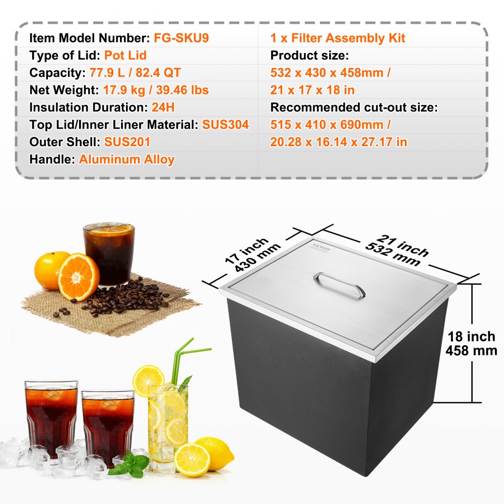 VEVOR Drop in Ice Chest, 21"L x 17"W x 18"H Stainless Steel Ice Cooler, Commercial Ice Bin with Cover, 40 qt Outdoor Kitchen Ice Bar, Drain-pipe and Drain Plug Included, for Cold Wine Beer 