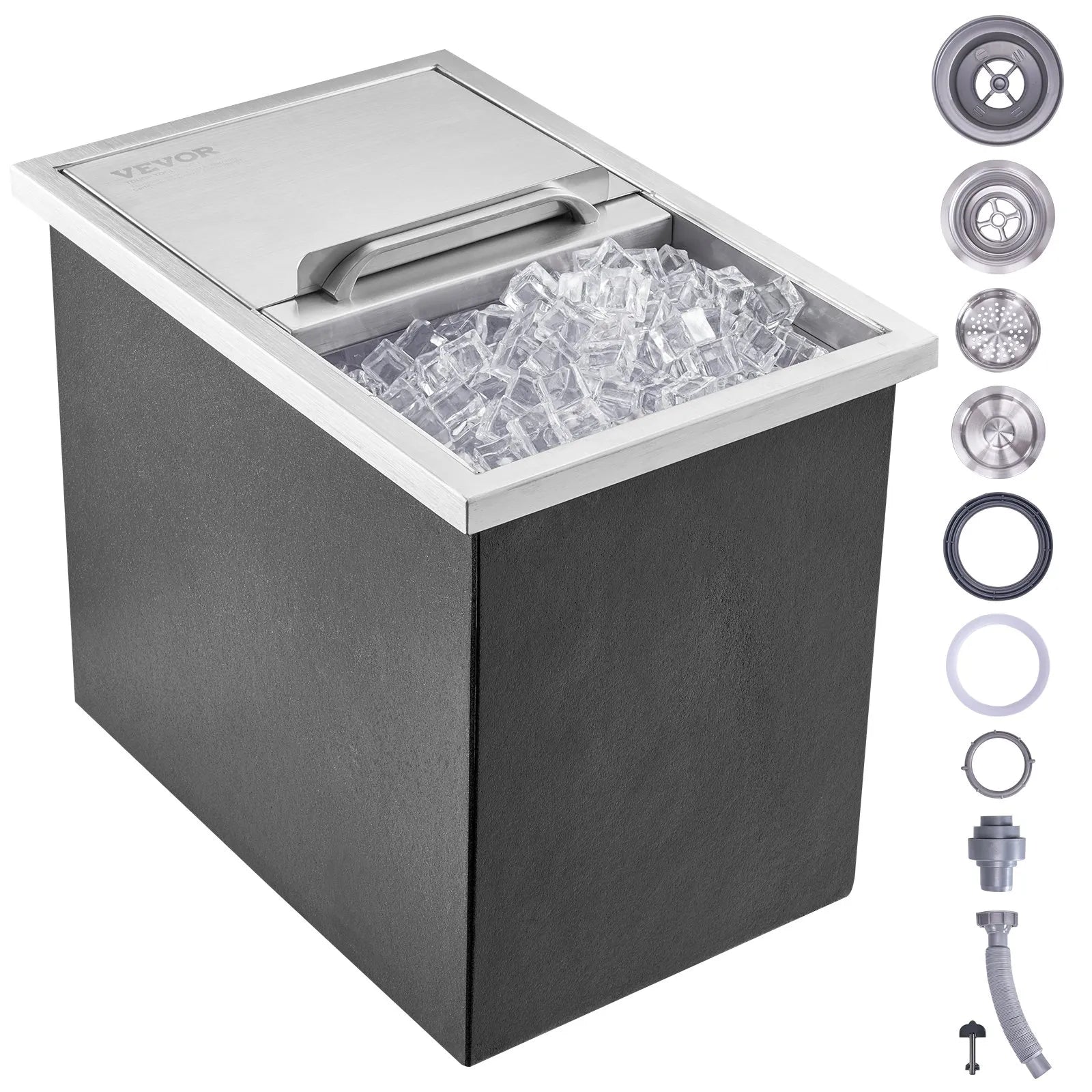 VEVOR Drop in Ice Chest, 18"L x 12"W x 14.5"H Stainless Steel Ice Cooler, Commercial Ice Bin with Sliding Cover, 40.9 qt Outdoor Kitchen Ice Bar, Drain-pipe and Drain Plug Included, for Cold Wine Beer