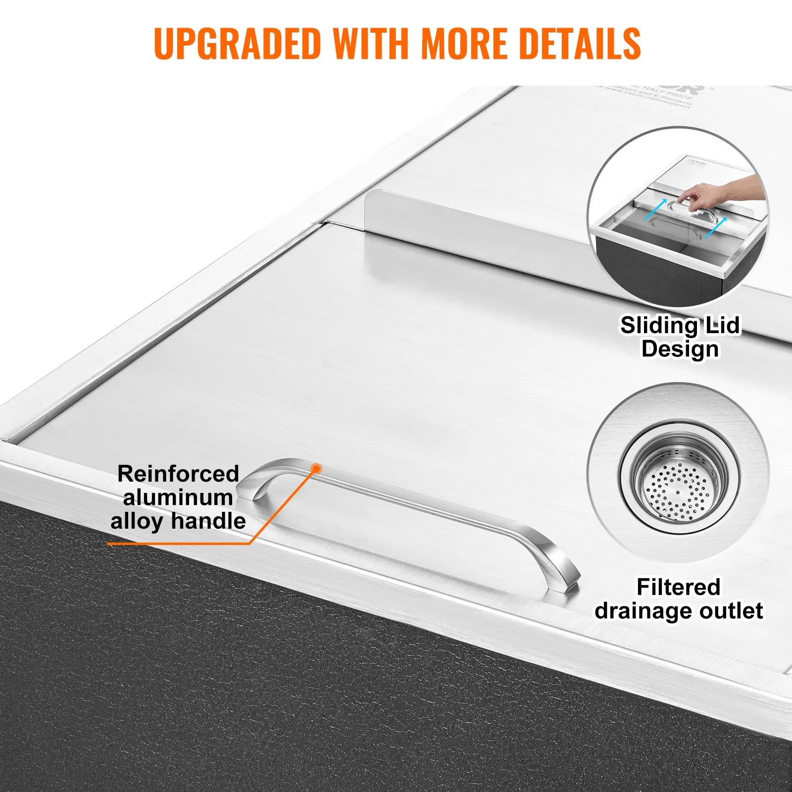 VEVOR Drop in Ice Chest, 24"L x 18"W x 13"H Stainless Steel Ice Cooler, Commercial Ice Bin with Sliding Cover, 40.9 qt Outdoor Kitchen Ice Bar, Drain-pipe and Drain Plug Included, for Cold Wine Beer