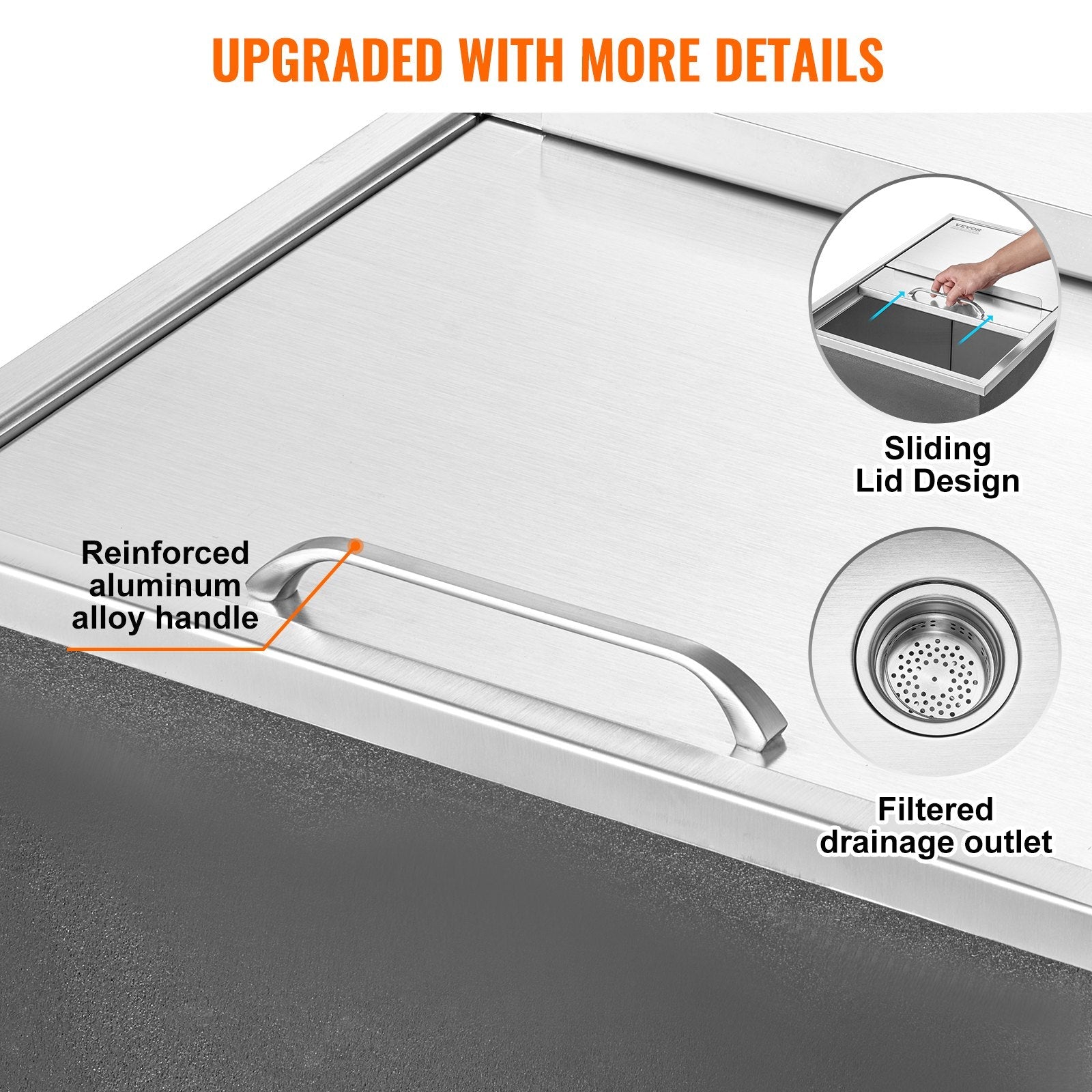 VEVOR Drop in Ice Chest, 27"L x 18"W x 21"H Stainless Steel Ice Cooler, Commercial Ice Bin with Sliding Cover, 40.9 qt Outdoor Kitchen Ice Bar, Drain-pipe and Drain Plug Included, for Cold Wine Beer 