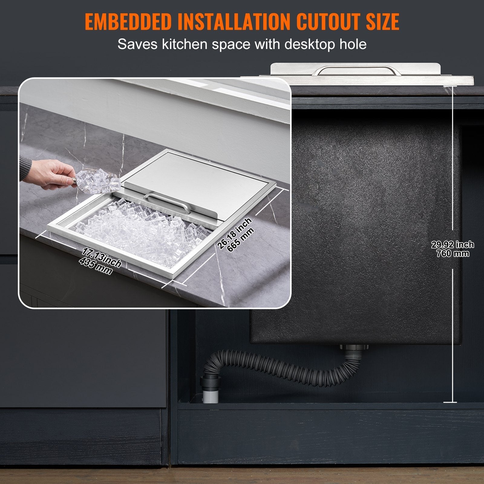 VEVOR Drop in Ice Chest, 27"L x 18"W x 21"H Stainless Steel Ice Cooler, Commercial Ice Bin with Sliding Cover, 40.9 qt Outdoor Kitchen Ice Bar, Drain-pipe and Drain Plug Included, for Cold Wine Beer 