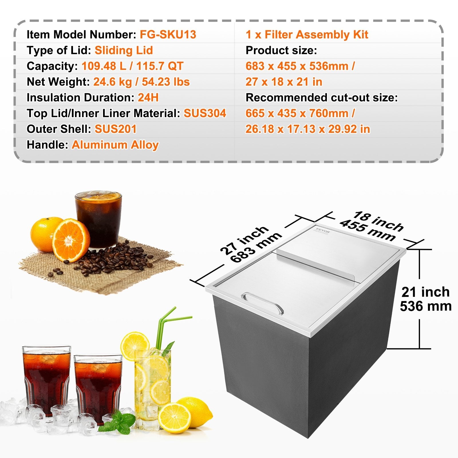 VEVOR Drop in Ice Chest, 27"L x 18"W x 21"H Stainless Steel Ice Cooler, Commercial Ice Bin with Sliding Cover, 40.9 qt Outdoor Kitchen Ice Bar, Drain-pipe and Drain Plug Included, for Cold Wine Beer 