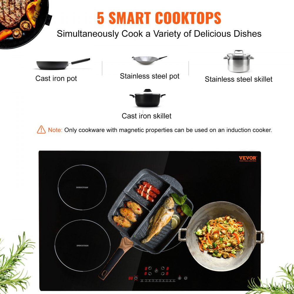 VEVOR Electric Cooktop, 4 Burners, 30'' Induction Stove Top, Built-in Magnetic Cooktop 7500W, 9 Heating Level Multifunctional Burner, LED Touch Screen w/ Child Lock & Over-Temperature Protection 