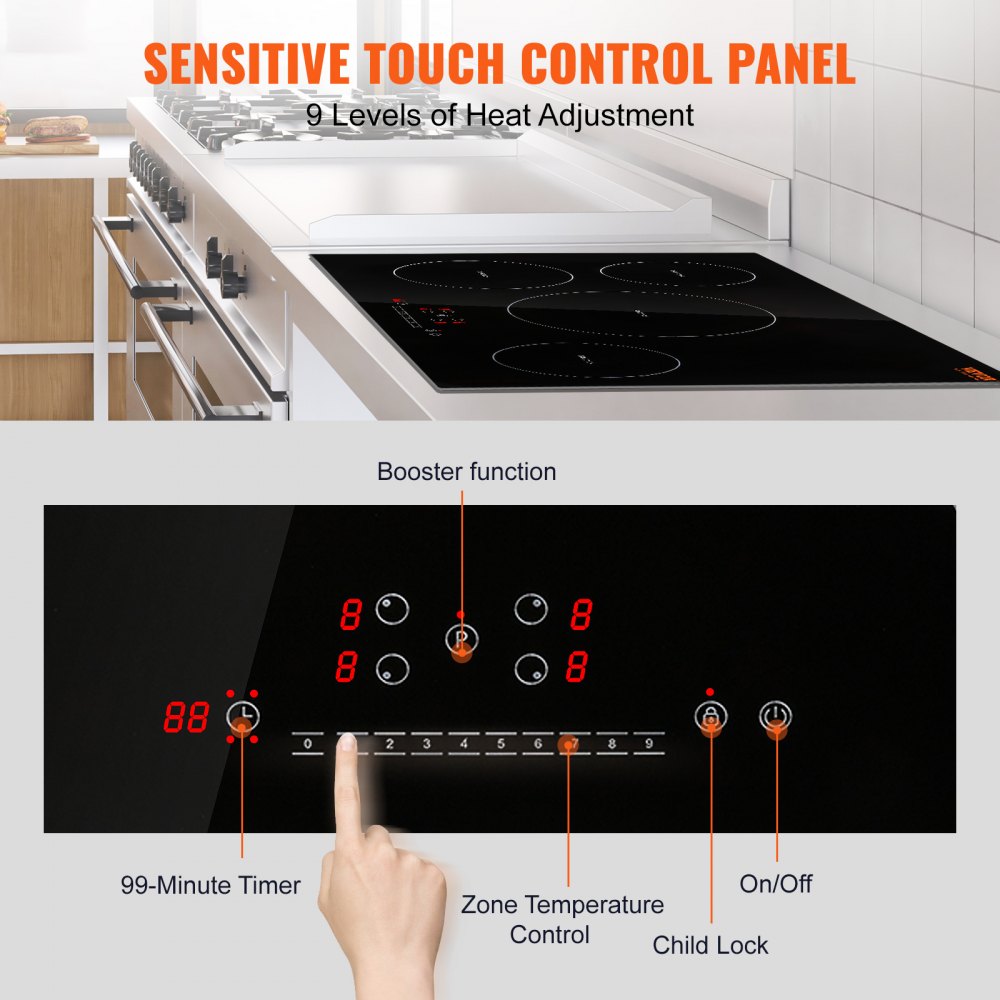 VEVOR Electric Cooktop, 4 Burners, 30'' Induction Stove Top, Built-in Magnetic Cooktop 7500W, 9 Heating Level Multifunctional Burner, LED Touch Screen w/ Child Lock & Over-Temperature Protection 