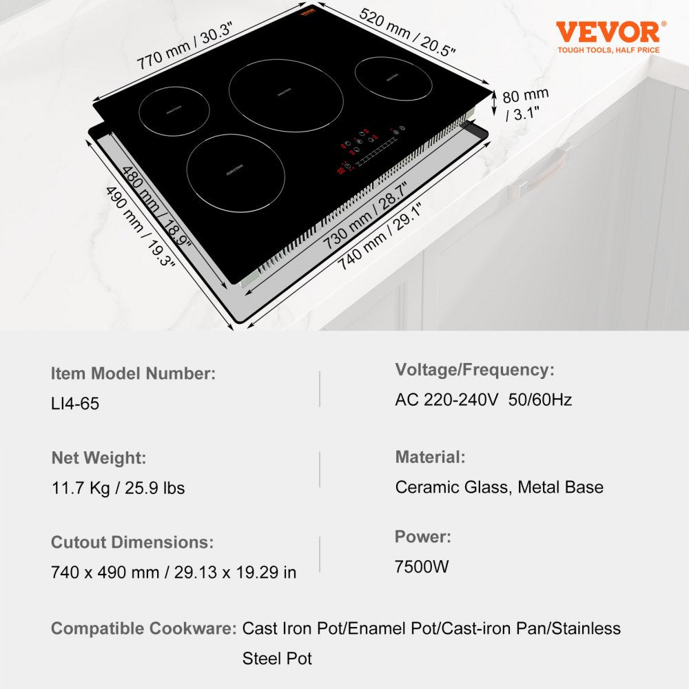 VEVOR Electric Cooktop, 4 Burners, 30'' Induction Stove Top, Built-in Magnetic Cooktop 7500W, 9 Heating Level Multifunctional Burner, LED Touch Screen w/ Child Lock & Over-Temperature Protection 