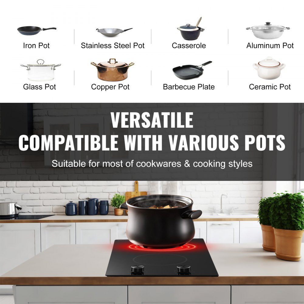 VEVOR Built-in Electric Cooktop Radiant Ceramic Cooktop 2 Burners 20.1x11.6 inch 