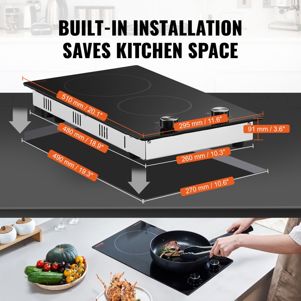 VEVOR Built-in Electric Cooktop Radiant Ceramic Cooktop 2 Burners 20.1x11.6 inch 