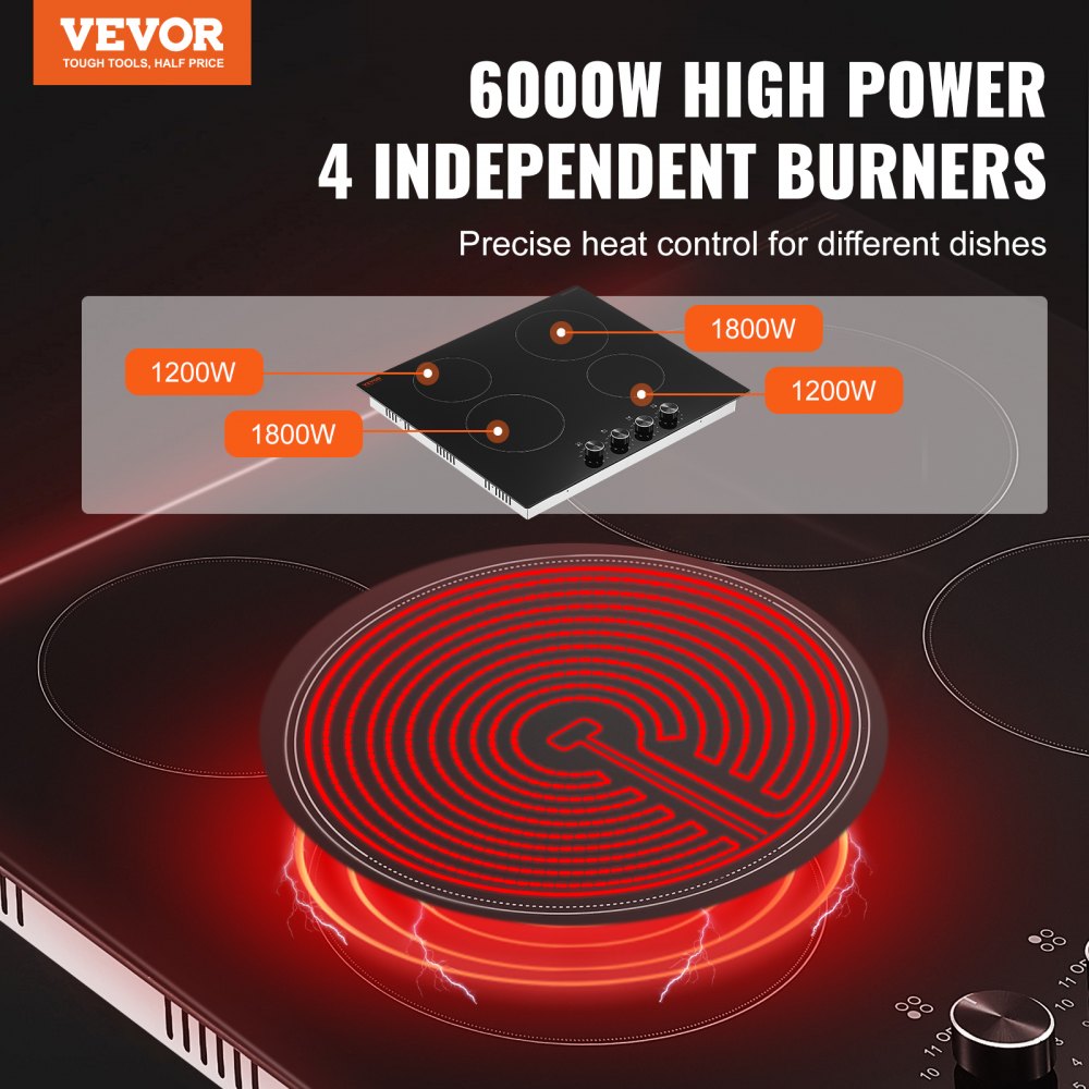 VEVOR Built-in Electric Cooktop Radiant Ceramic Cooktop 4 Burners 23.2x20.5 inch 