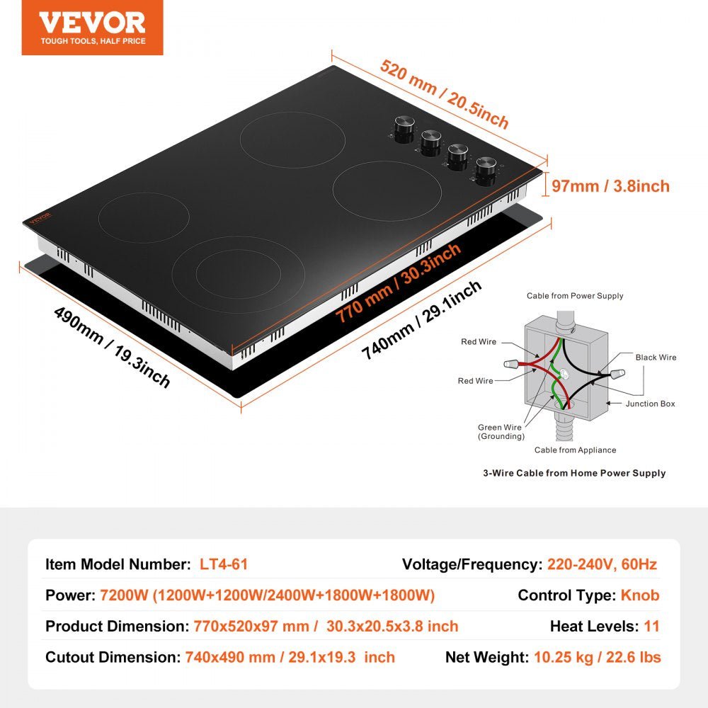 VEVOR Built-in Electric Cooktop Radiant Ceramic Cooktop 4 Burners 30.3x20.5 inch 