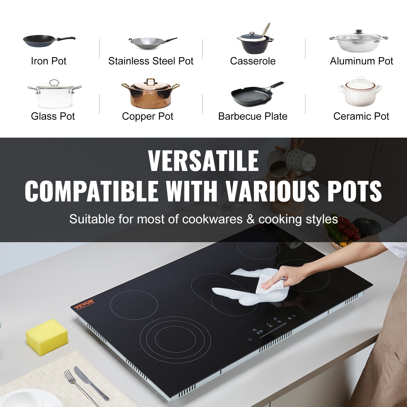 VEVOR Built-in Electric Cooktop Radiant Ceramic Cooktop 5 Burners 35.4x20.5 inch 
