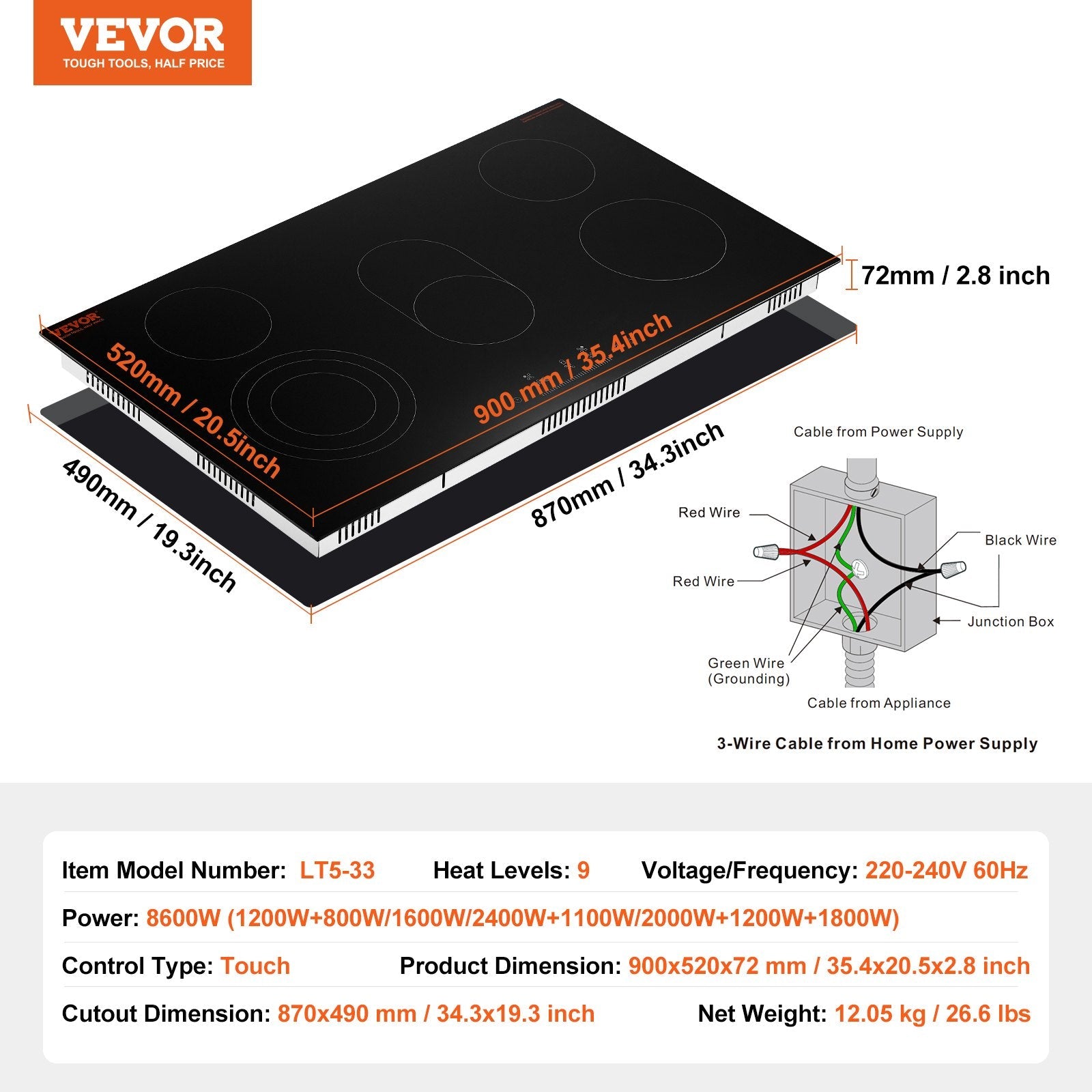VEVOR Built-in Electric Cooktop Radiant Ceramic Cooktop 5 Burners 35.4x20.5 inch 