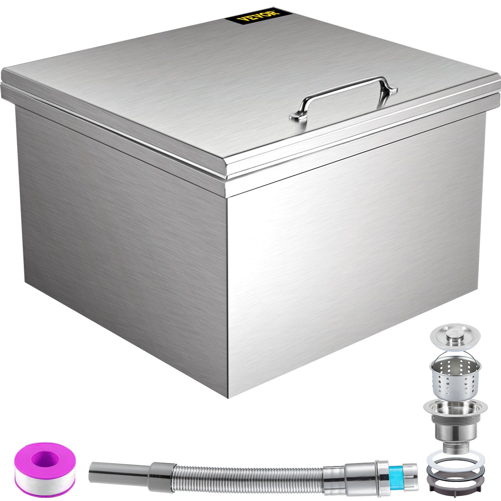 VEVOR Drop in Ice Bin Chest 20x18 inch Drop in Cooler Stainless Steel Outdoor Drop in Ice Chest with Cover Bar Ice Bin 45.4 qt Drop in Wine Drops Drain-pipe and Drain Plug Included for Cold Wine Beer 