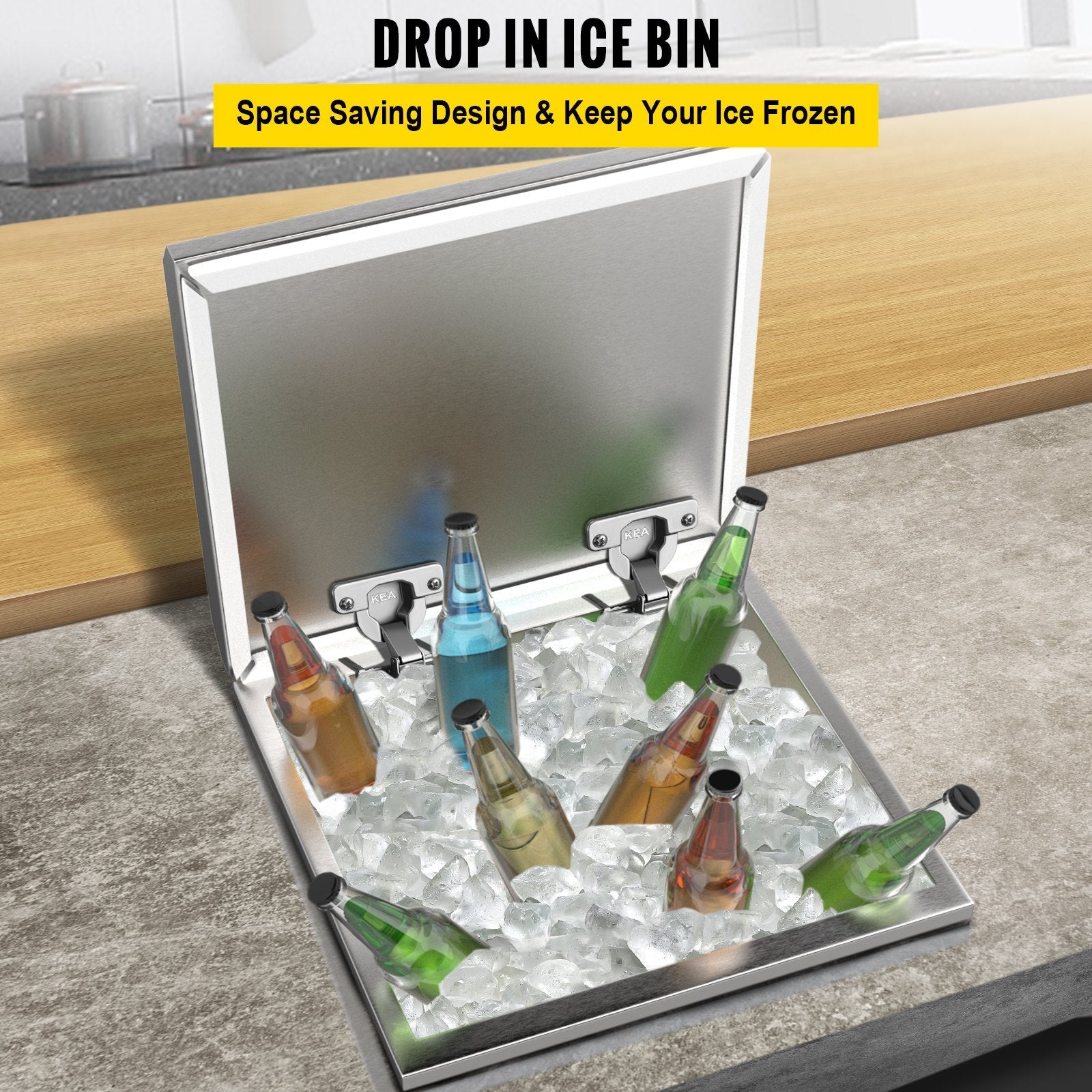 VEVOR Drop in Ice Bin Chest 20x20 inch Drop in Cooler Stainless Steel Outdoor Drop in Ice Chest with Cover Bar Ice Bin 40.9 qt Drop in Wine Drops Drain-Pipe and Drain Plug Included for Cold Wine Beer 