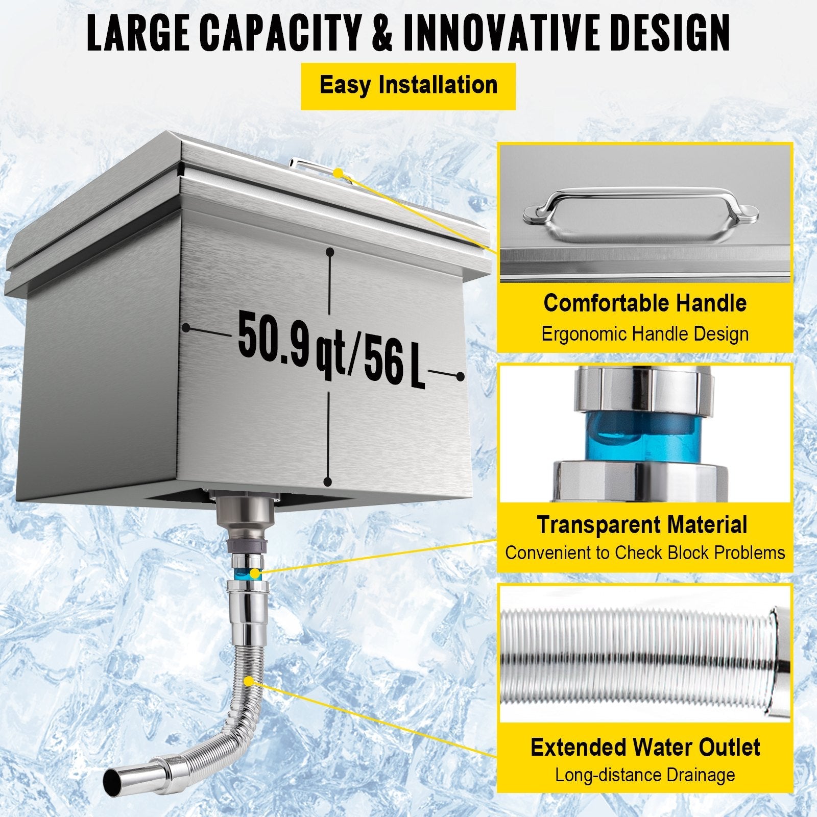 VEVOR Drop in Ice Bin Chest 20x20 inch Drop in Cooler Stainless Steel Outdoor Drop in Ice Chest with Cover Bar Ice Bin 40.9 qt Drop in Wine Drops Drain-Pipe and Drain Plug Included for Cold Wine Beer 