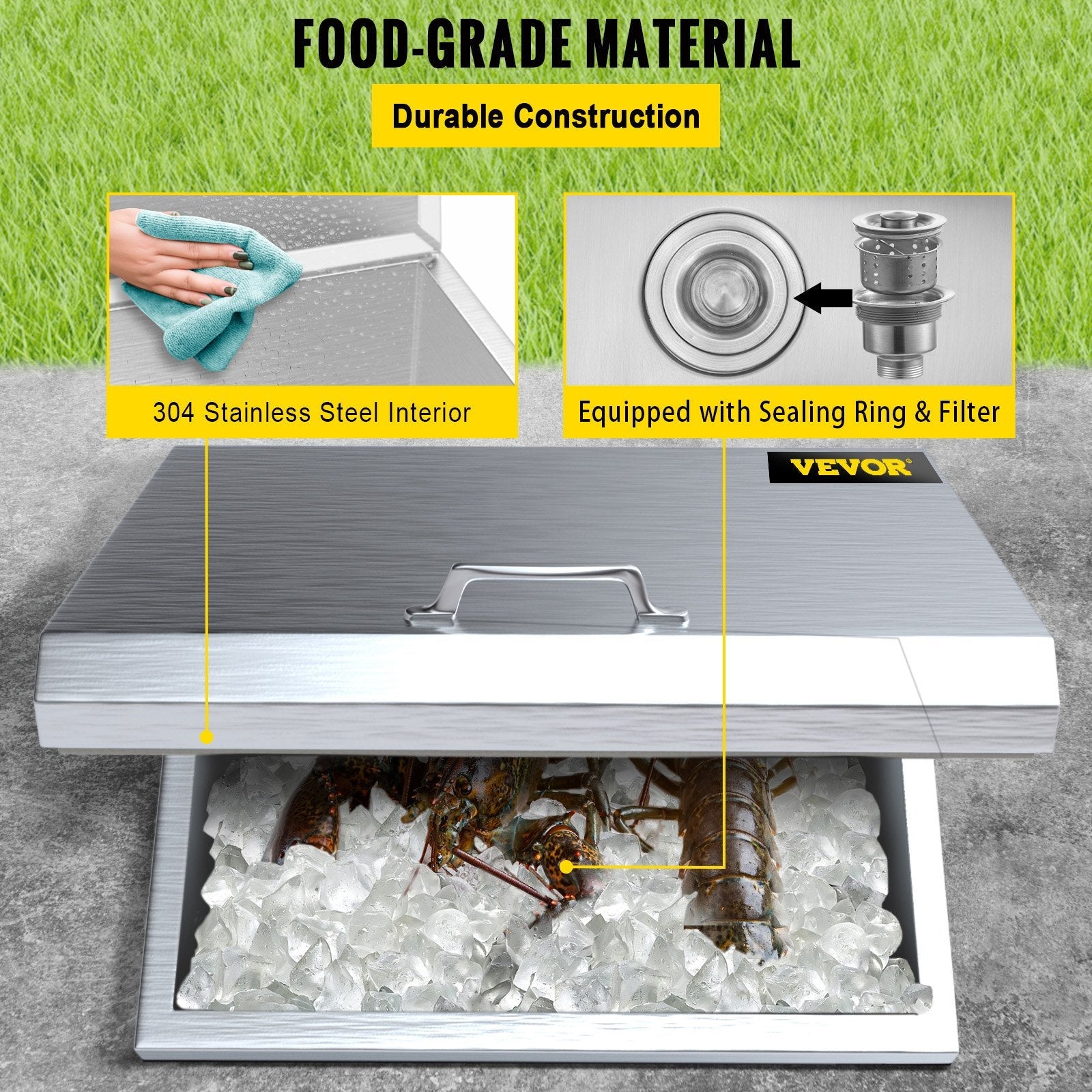 VEVOR Drop in Ice Bin Chest 20x20 inch Drop in Cooler Stainless Steel Outdoor Drop in Ice Chest with Cover Bar Ice Bin 40.9 qt Drop in Wine Drops Drain-Pipe and Drain Plug Included for Cold Wine Beer 
