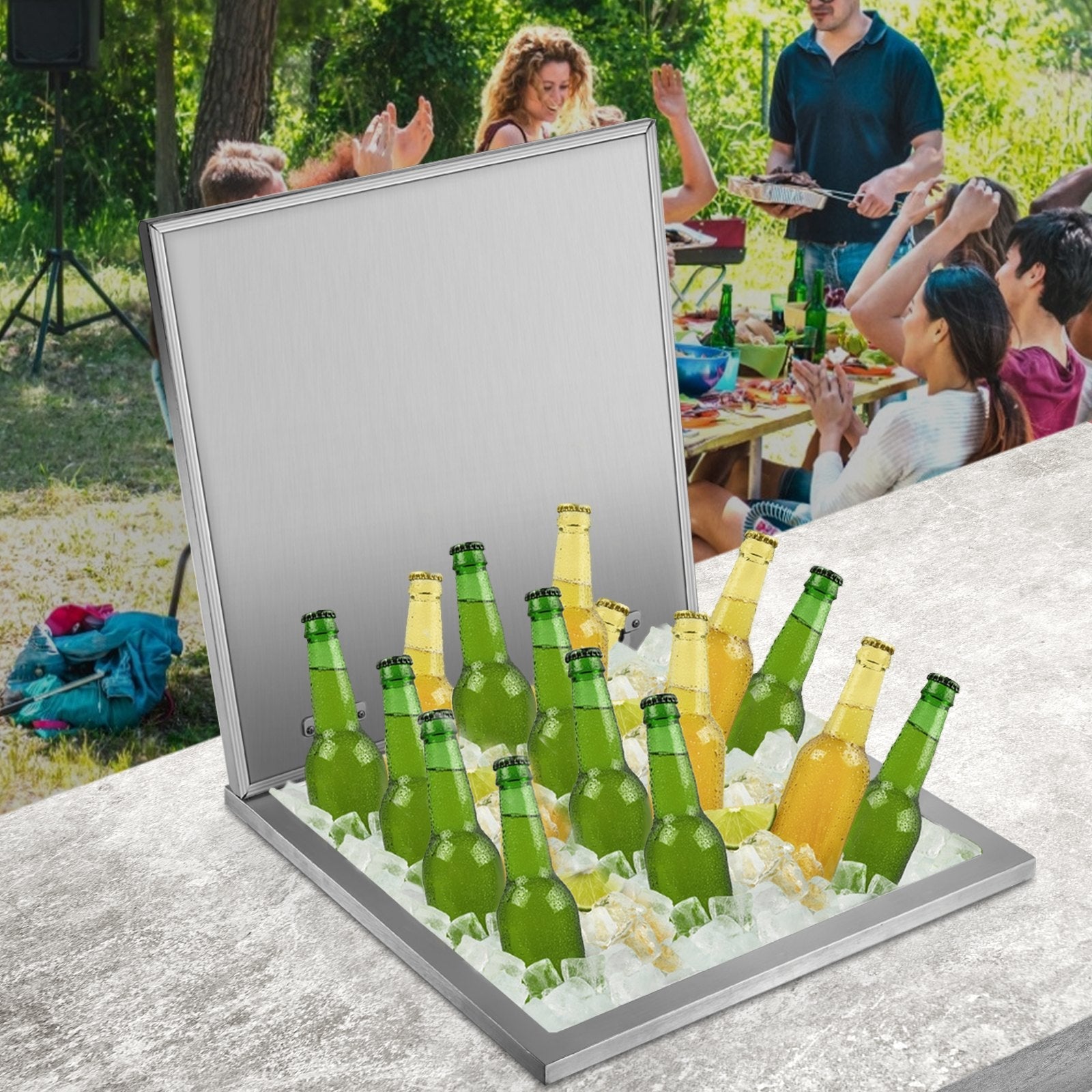 VEVOR Drop in Ice Bin Chest 20x20 inch Drop in Cooler Stainless Steel Outdoor Drop in Ice Chest with Cover Bar Ice Bin 40.9 qt Drop in Wine Drops Drain-Pipe and Drain Plug Included for Cold Wine Beer 