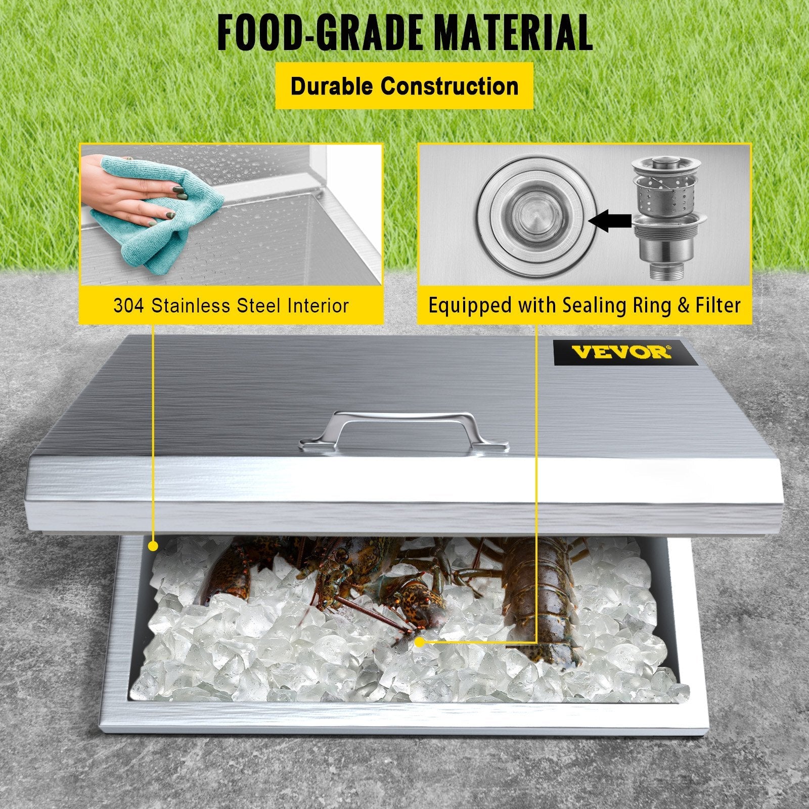 VEVOR Drop in Ice Bin Chest 28x14 inch Drop in Cooler Stainless Steel Outdoor Drop in Ice Chest with Cover Bar Ice Bin 65.4 qt Drop in Wine Drops Drain-Pipe and Drain Plug Included for Cold Wine Beer 