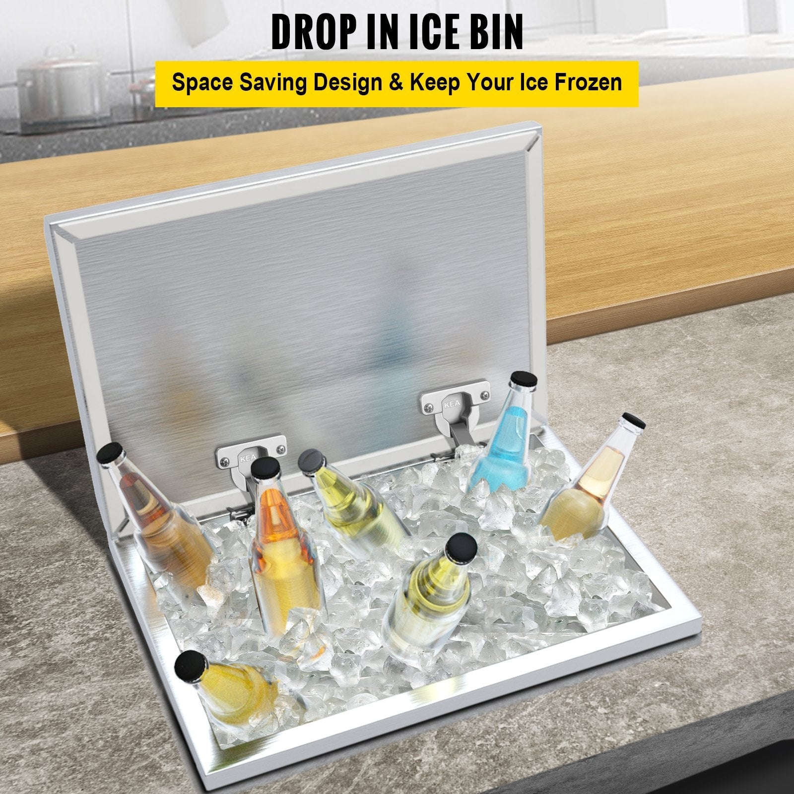 VEVOR Drop in Ice Bin Chest 28x16 inch Drop in Cooler Stainless Steel Outdoor Drop in Ice Chest with Cover Bar Ice Bin 76.3 qt Drop in Wine Drops Drain-Pipe and Drain Plug Included for Cold Wine Beer 