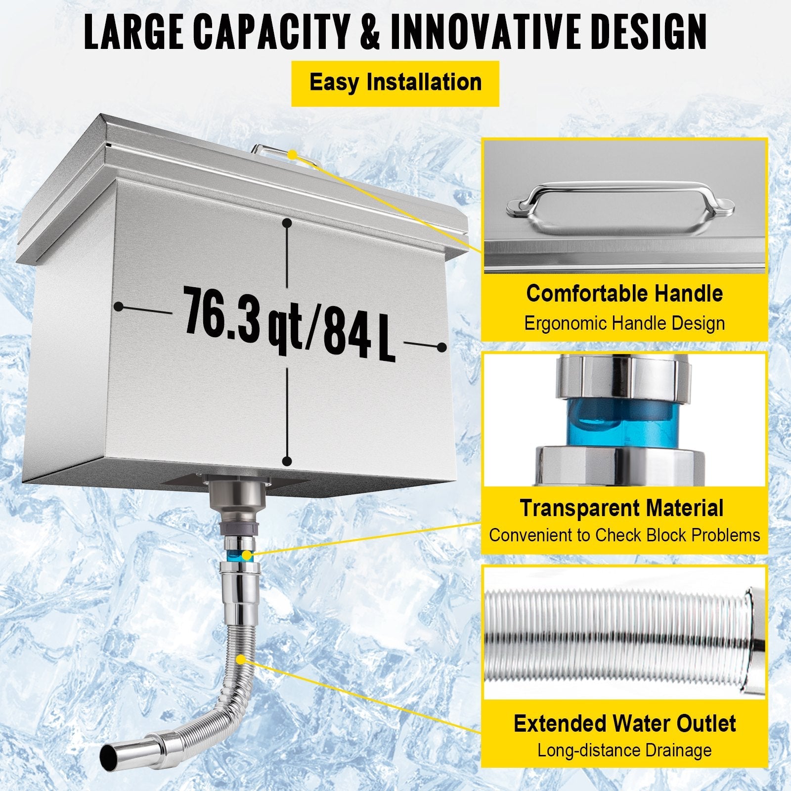 VEVOR Drop in Ice Bin Chest 28x16 inch Drop in Cooler Stainless Steel Outdoor Drop in Ice Chest with Cover Bar Ice Bin 76.3 qt Drop in Wine Drops Drain-Pipe and Drain Plug Included for Cold Wine Beer 