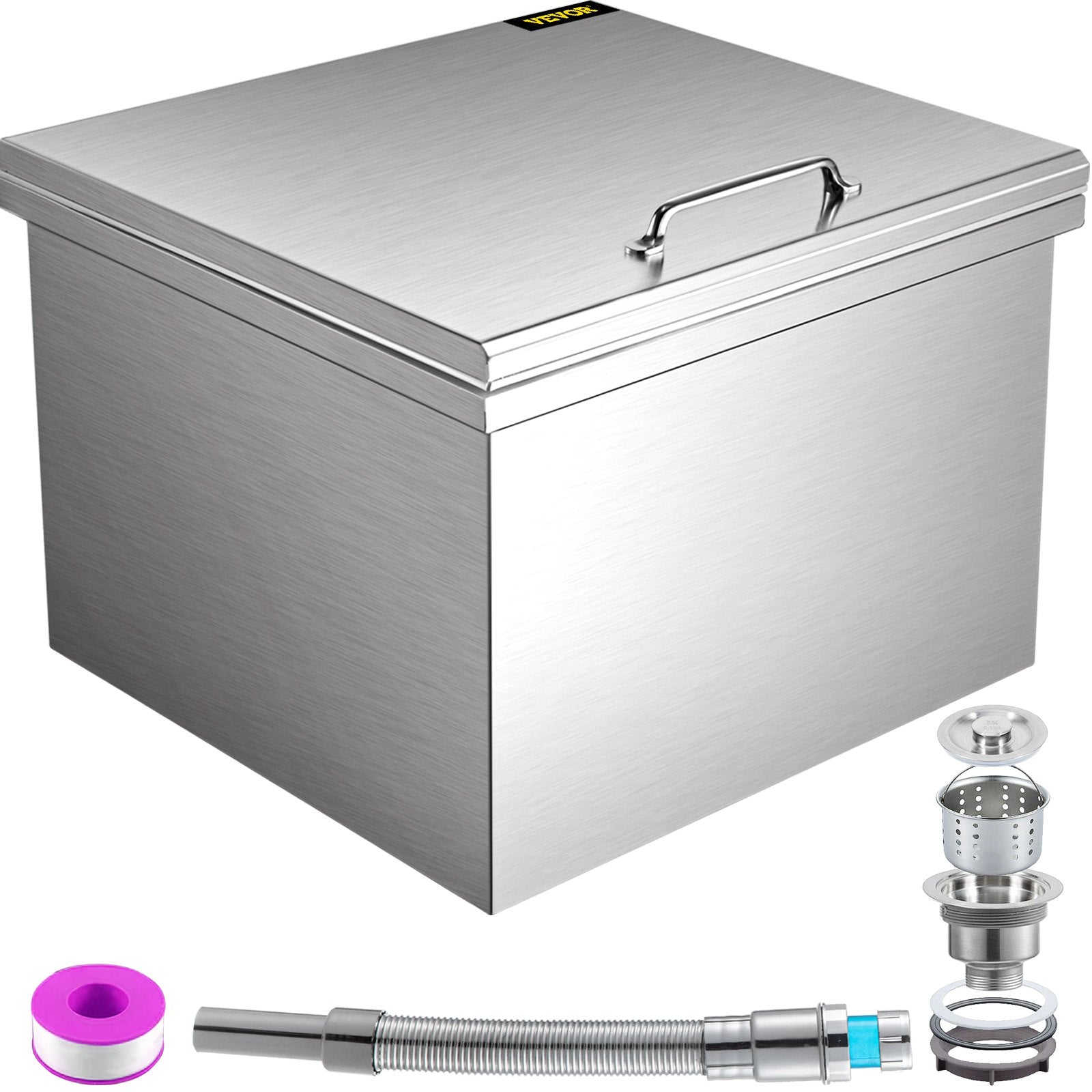 VEVOR Drop in Ice Bin Chest 28x18 inch Drop in Cooler Stainless Steel Outdoor Drop in Ice Chest with Cover Bar Ice Bin 87.2 qt Drop in Wine Drops Drain-Pipe and Drain Plug Included for Cold Wine Beer 